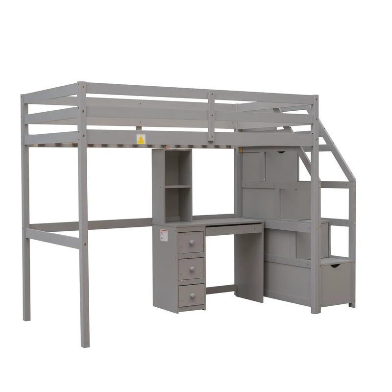 Loft Bed With Stand Alone Bed, Storage Staircase, Desk, Shelves, And Drawers