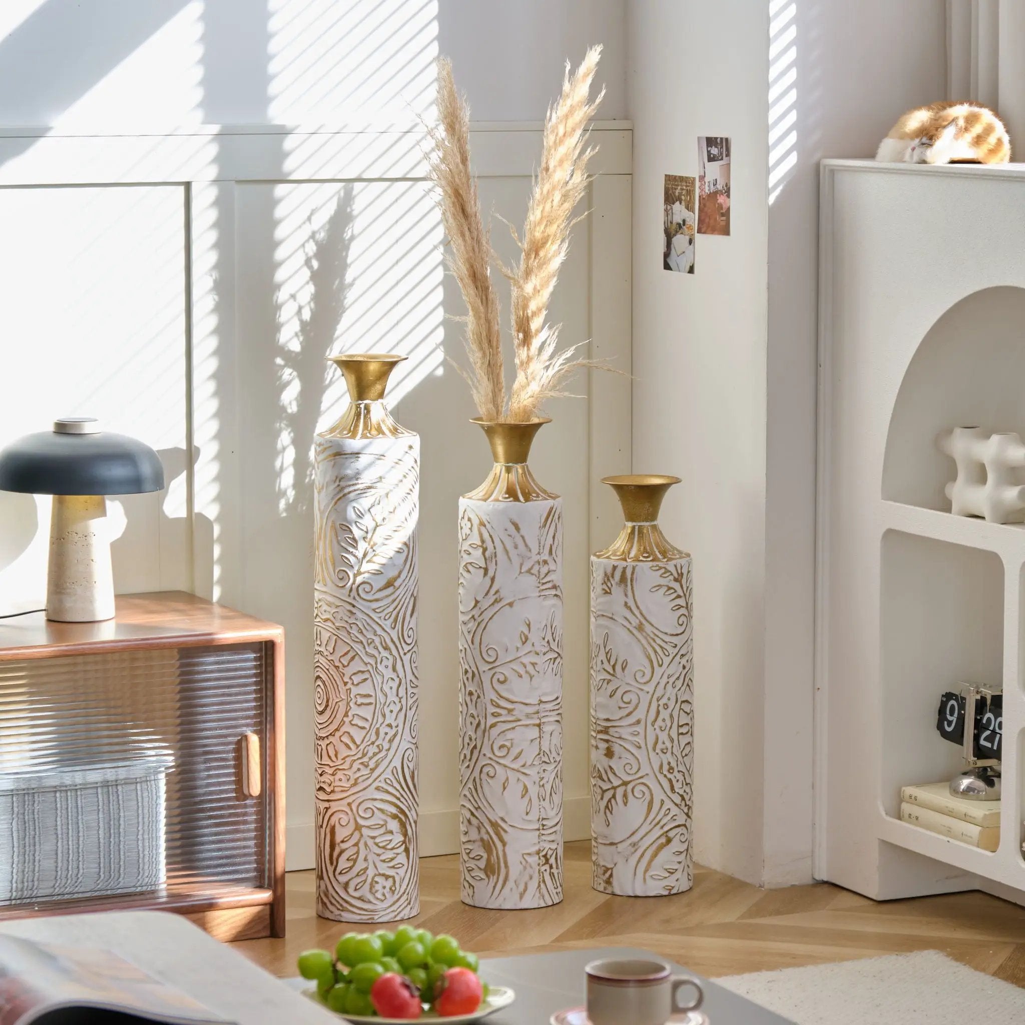 Floor Metal Vases Decorated Metal Vases (Set of 3) Gorgeous Home Decoration Large Glazed Metal Vases - White / Gold by HouseOfZazla