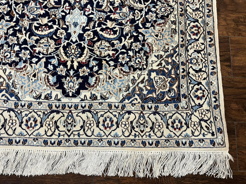 Persian Nain Rug 4x6, Floral, Hand Knotted Vintage Wool & Silk Highlights, Signature from Masterweaver, Navy Blue and Ivory by Jewel Rugs