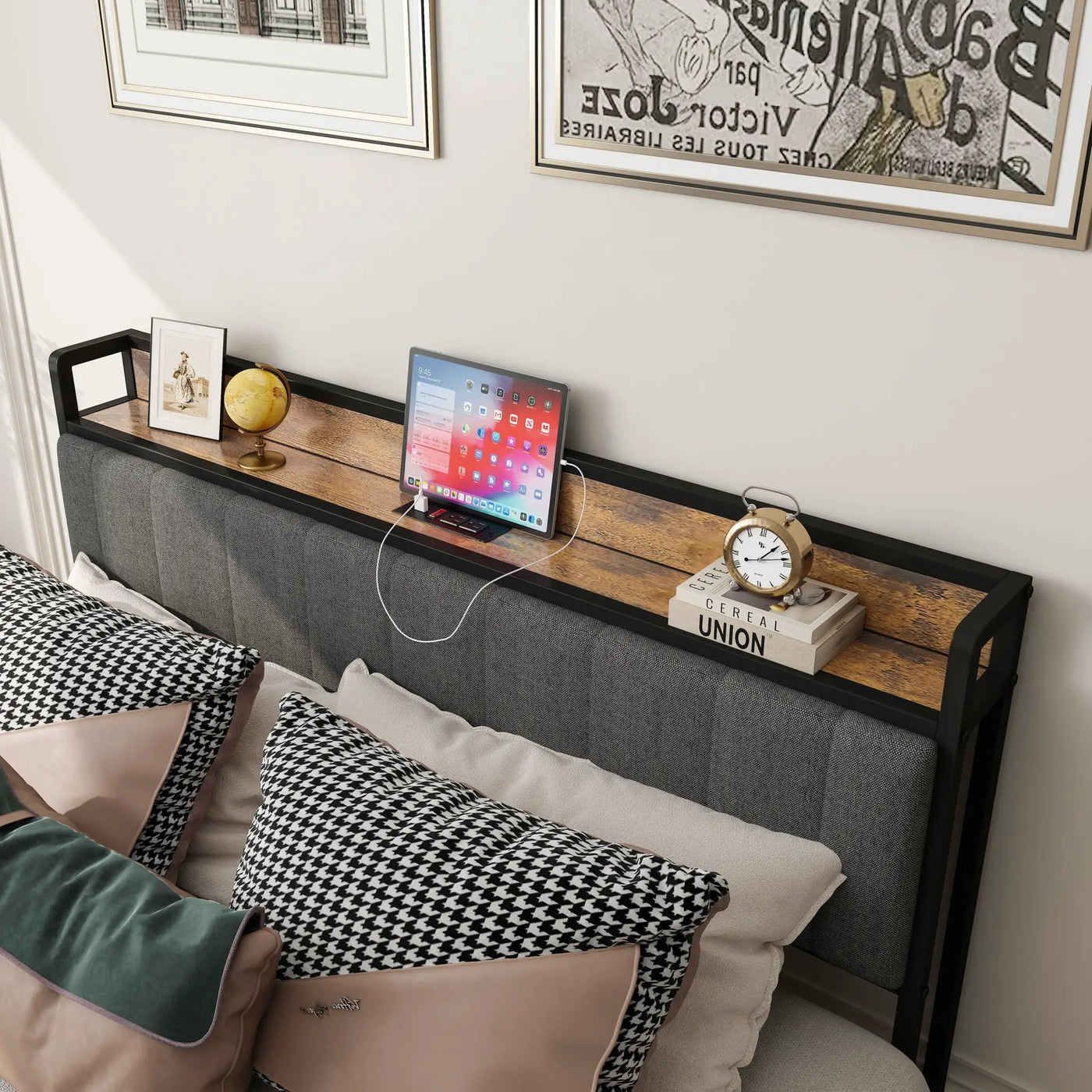 Bed With Charging Station, American Design Upholstered Headboard, Metal Platform by Unique Piece Furniture