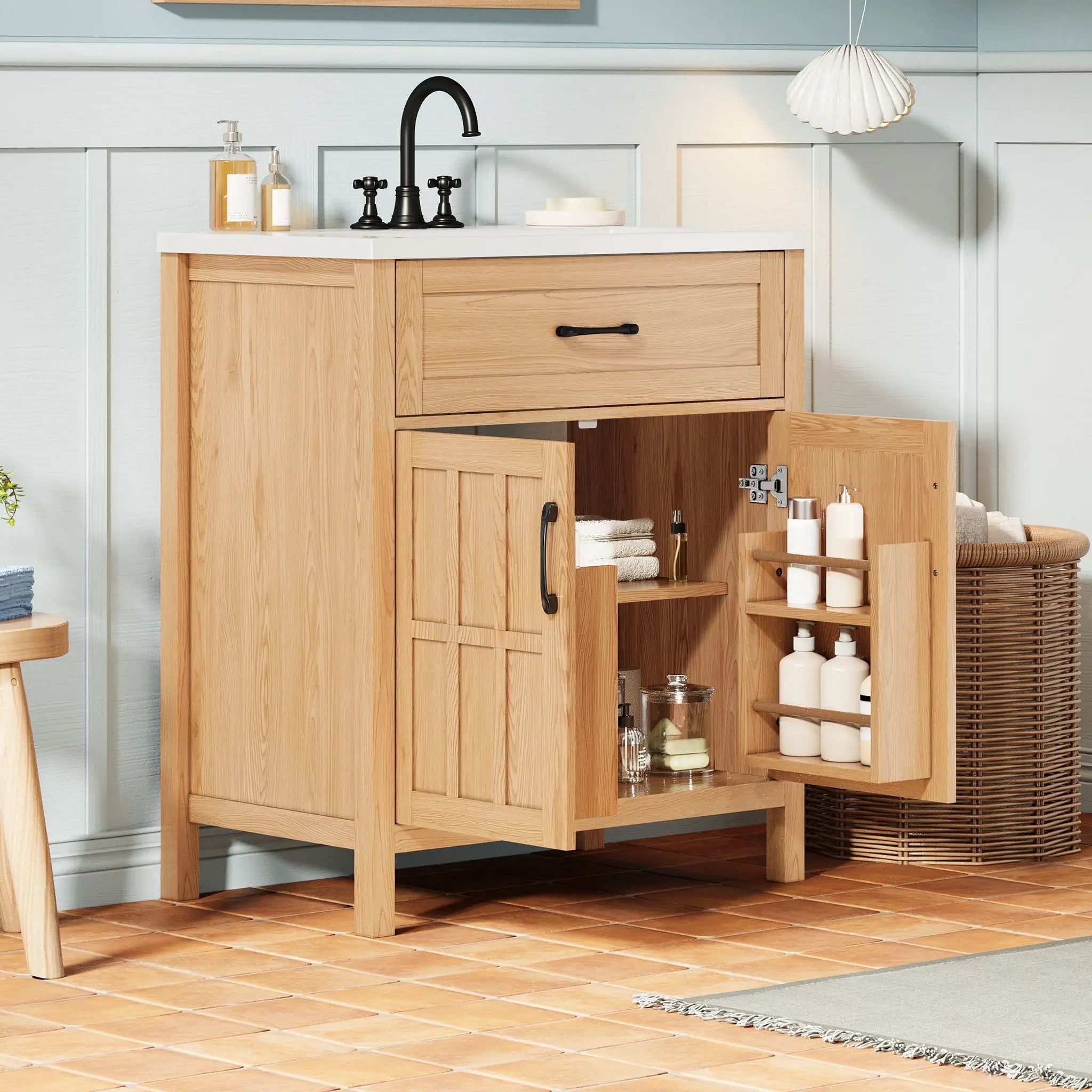 Bathroom Vanity With Sink, Adjustable Shelf & Door Organizers - Walnut by Unique Piece Furniture