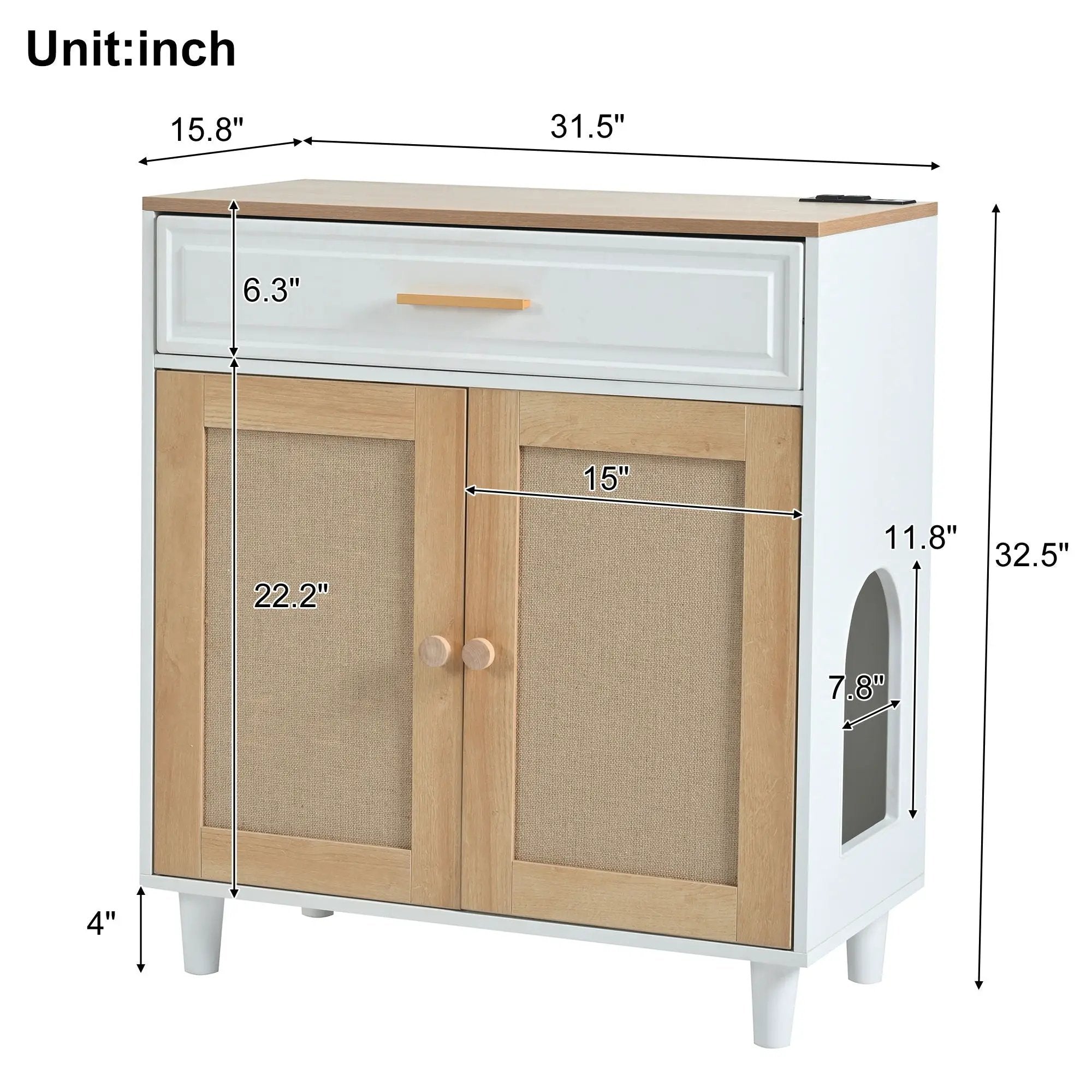 Pet Friendly Furniture Style Cat Litter Box House With Sisal Scratching Door And Charging Socket - Beige / White by HouseOfZazla