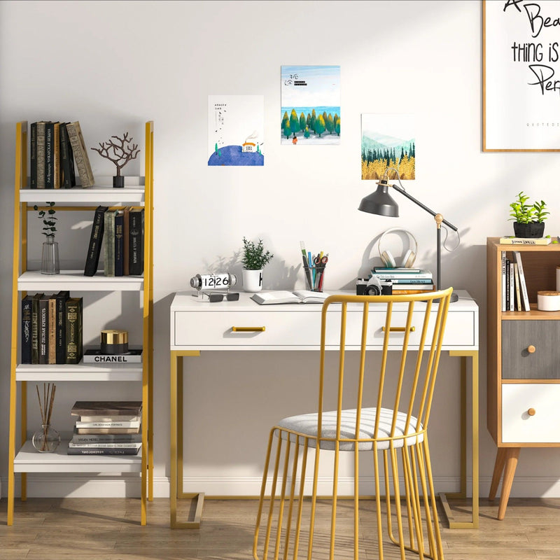 Minimalist Home Office Computer Desk With 2 Drawers, Compact Writing Table For Small Spaces - White / Gold by HouseOfZazla