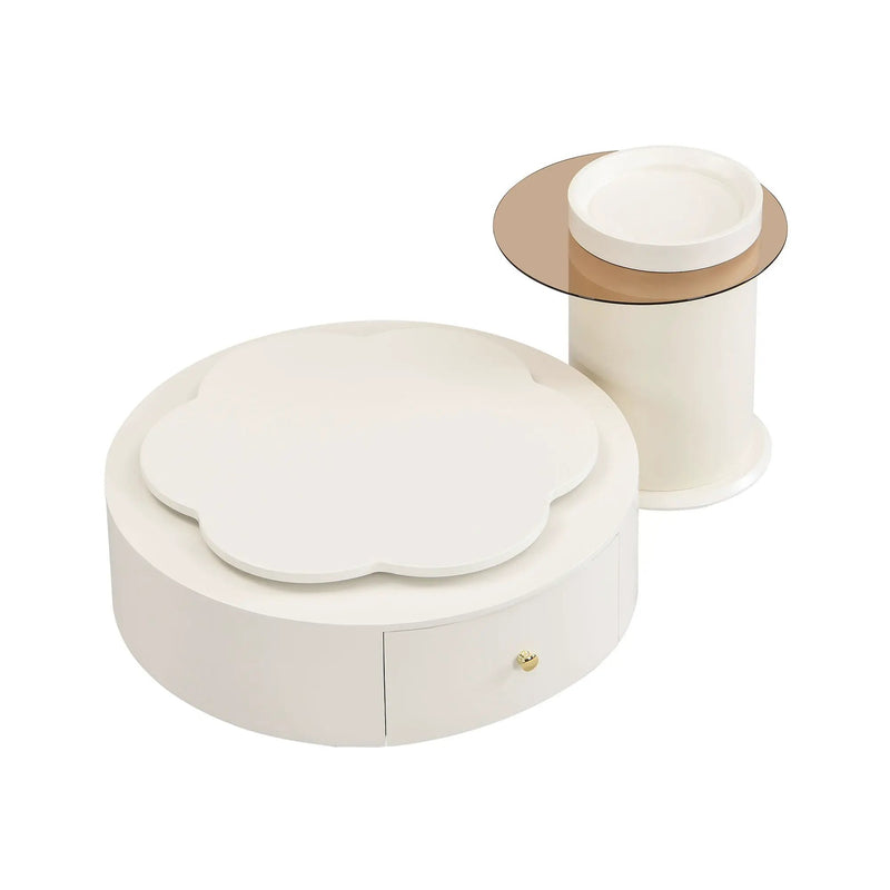 Modern Round Coffee Table (Set of 2), 360 Degree Rotatable Flower Shaped Top With 2 Drawers, Top Circle Side Table End Table With Glass For Living Room - Off White by HouseOfZazla
