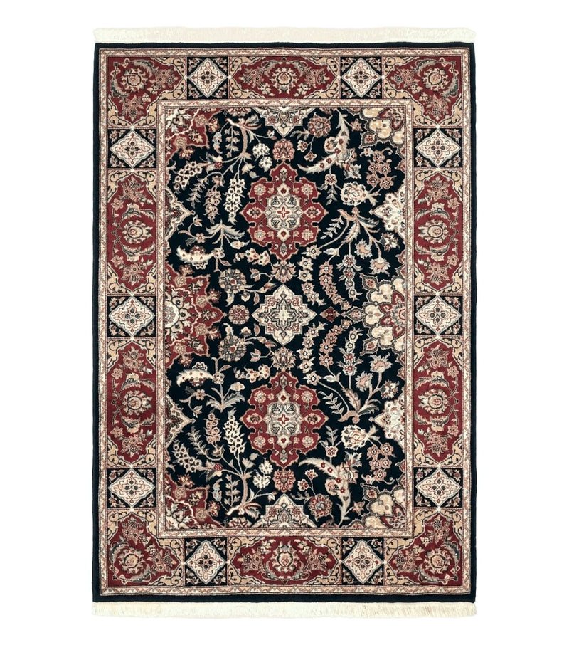 Pak Persian Rug 4x6, Black and Burgundy, Floral Allover, Wool and Silk by Jewel Rugs
