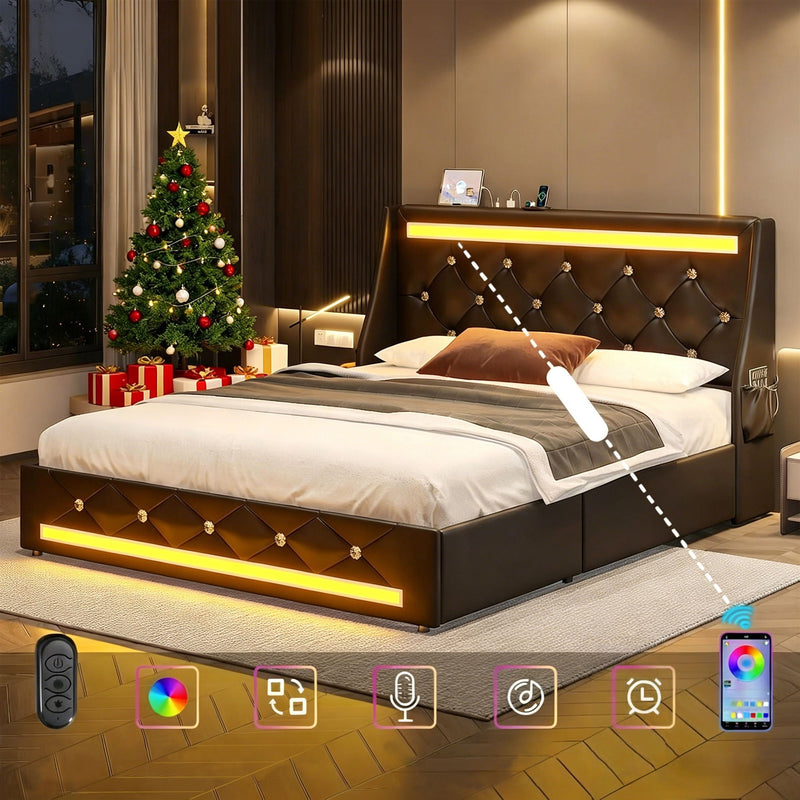 Wingback Upholstered Bed Frame With LED Lights, Charging Station by HouseOfZazla