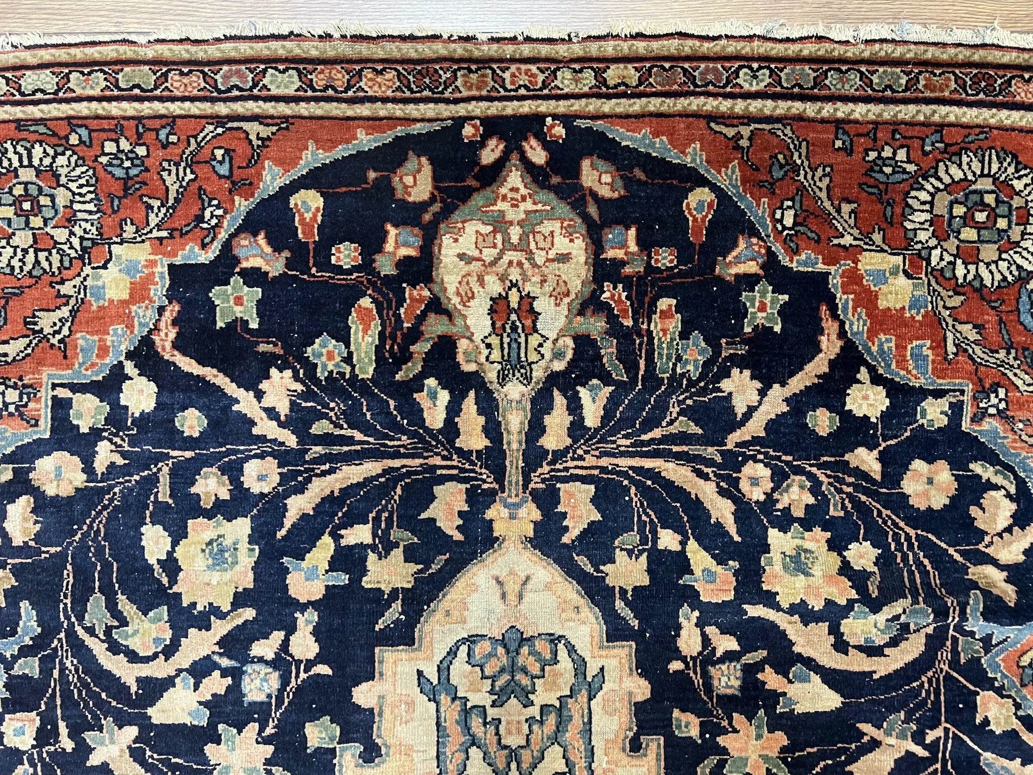Antique Persian Rug 3.5 x 5, Sarouk Farahan Rug, High Quality 1920s Fine Oriental Carpet 3 x 5 ft, Large Medallion, Floral, Navy Blue Red, Hand Knotted Wool Rug by Jewel Rugs