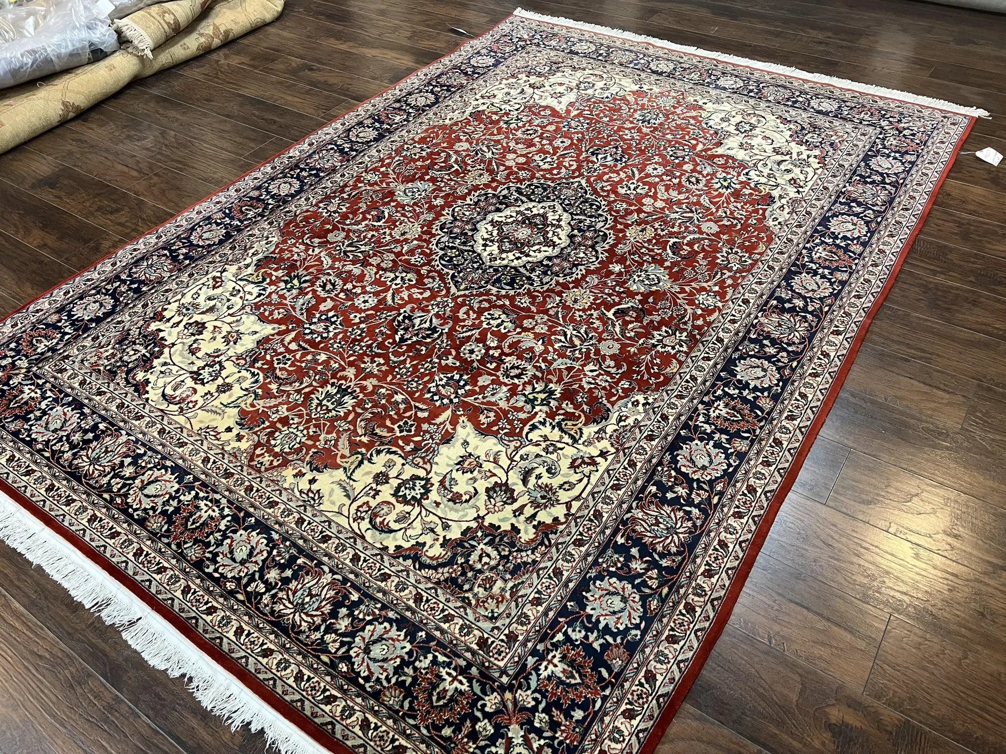 Fine Sino Persian Rug 7x10 ft, Floral Central Medallion Oriental Carpet, Red Navy Blue Cream, Hand Knotted Wool Traditional Vintage Rug by Jewel Rugs