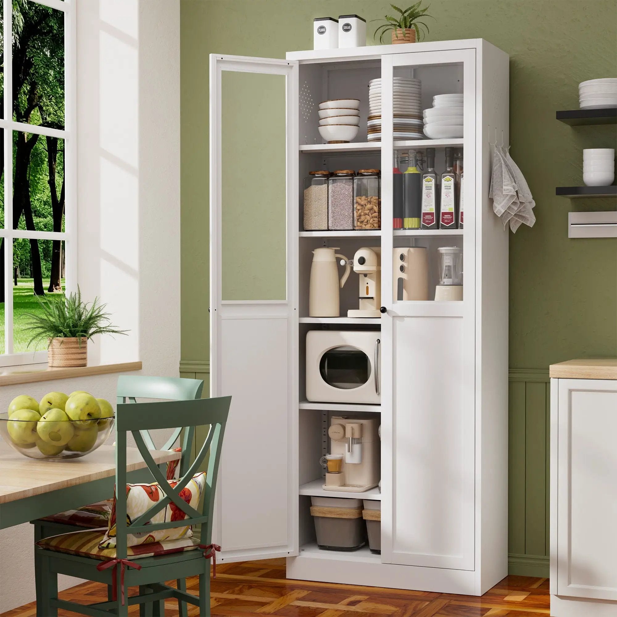 Tall Metal Kitchen Pantry Cabinet With Adjustable Shelves And Silent Magnetic Doors - White by Unique Piece Furniture