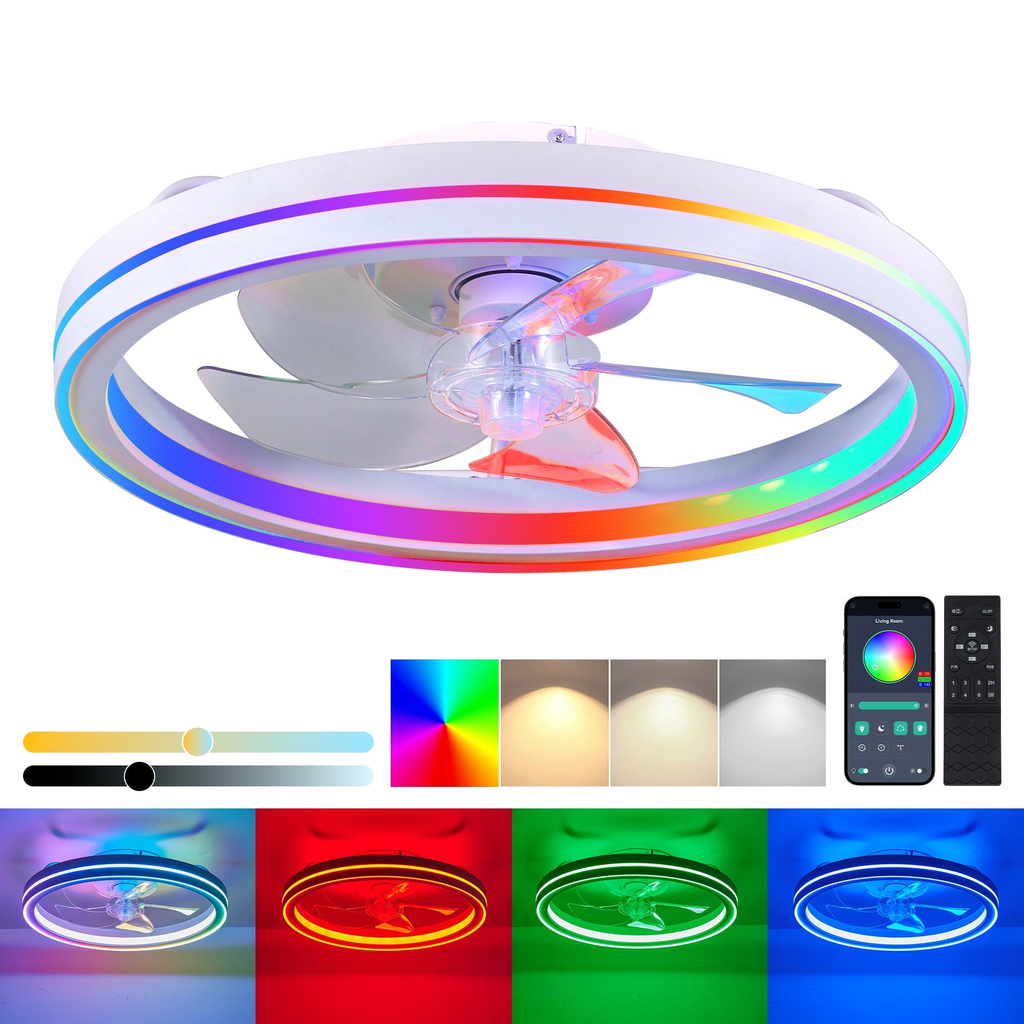 RGB Ceiling Fan with Lights, 19'' Smart LED Bladeless Chandelier Fan by HouseOfZazla