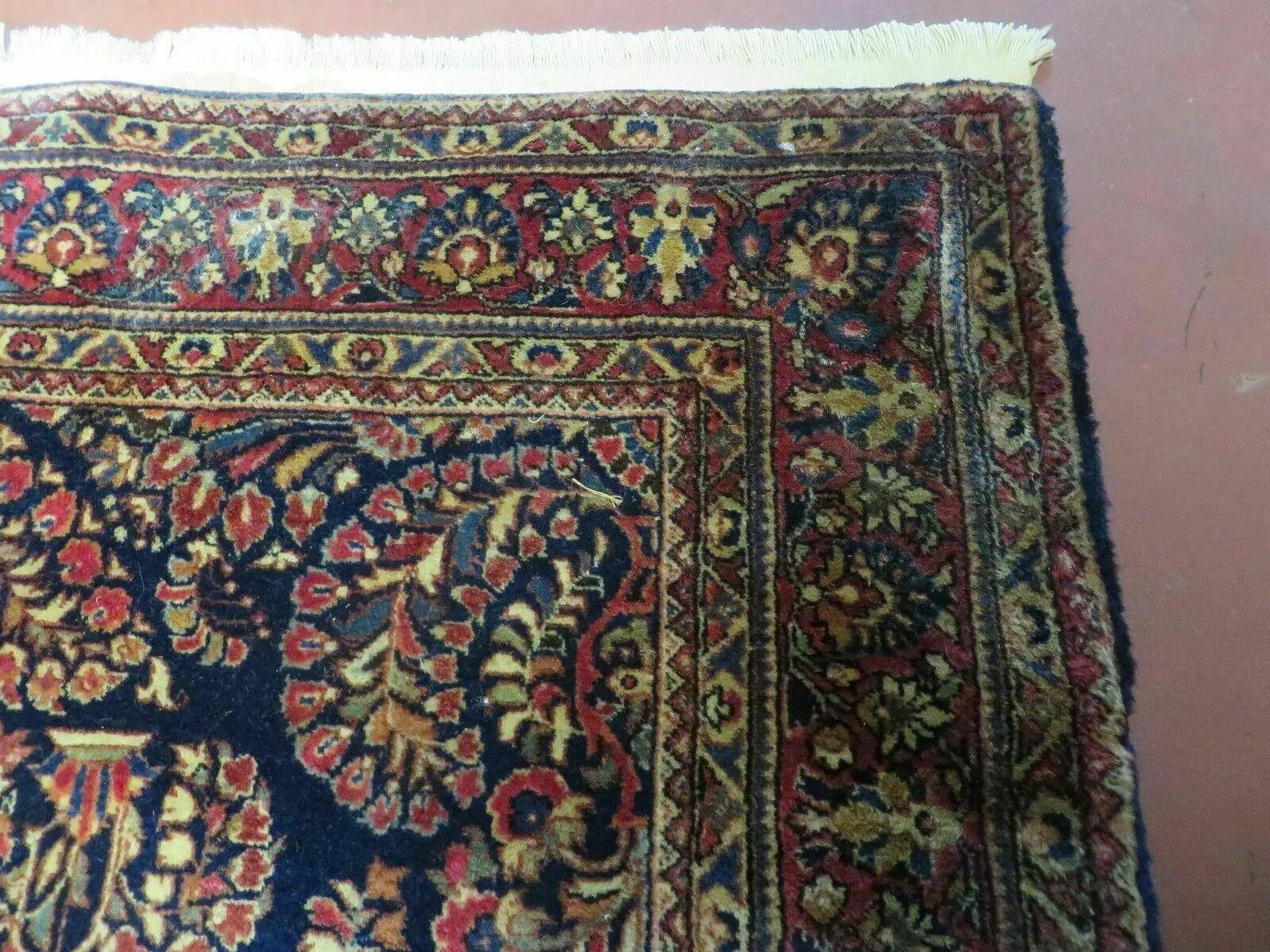 Antique Persian Sarouk Rug 4x6, Hand Knotted 1920s Oriental Carpet 4 x 6 ft, Navy Blue and Red Wool Rug, Handmade Floral Allover Persian Area Rug by Jewel Rugs