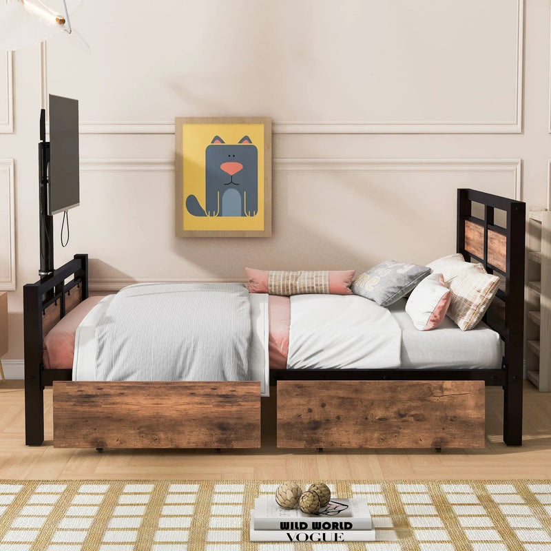 Twin Size Platform Bed With Headboard And Footboard, 2 Storage Drawers And Rotatable TV Stand - Black by Unique Piece Furniture