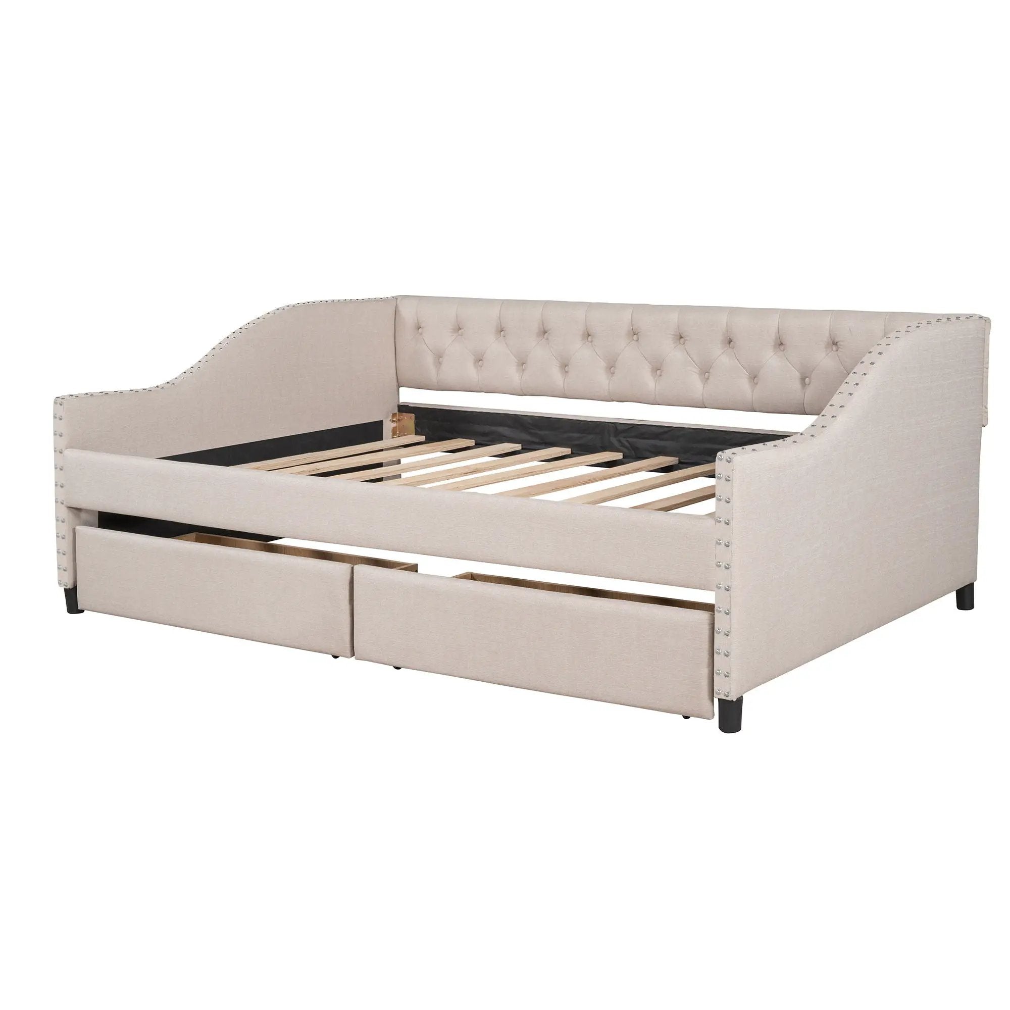 Upholstered Daybed With Two Drawers, Wood Slat Support by HouseOfZazla