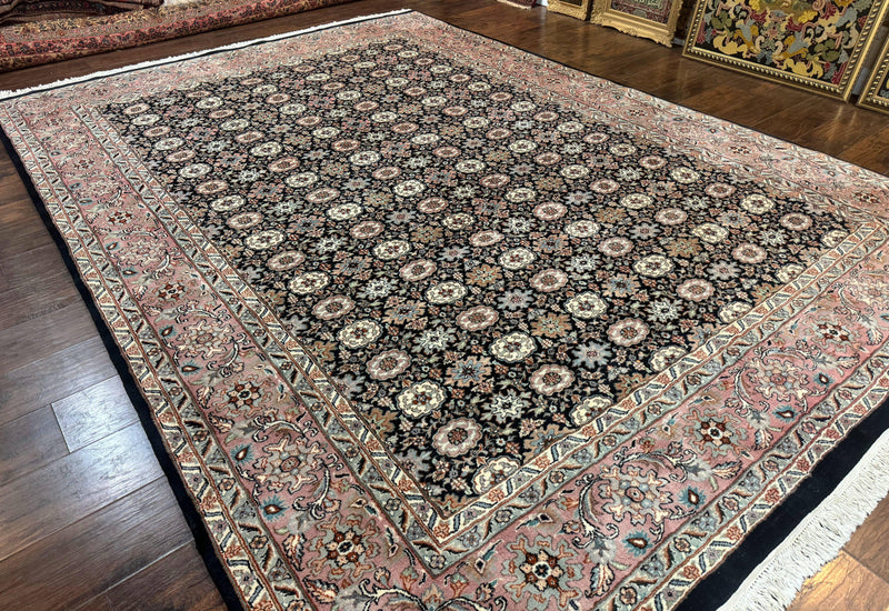 Indo Persian Rug 9x12, Vintage Handmade Wool Carpet, Repeated Allover Motif, Navy Blue and Pink by Jewel Rugs