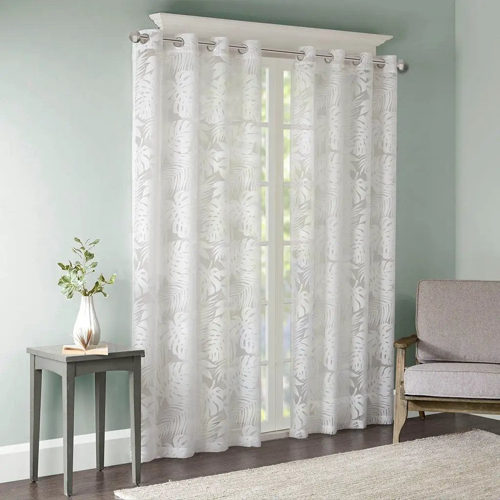 Palm Leaf Burnout Sheer Window Curtain White 50x63 by HouseOfZazla