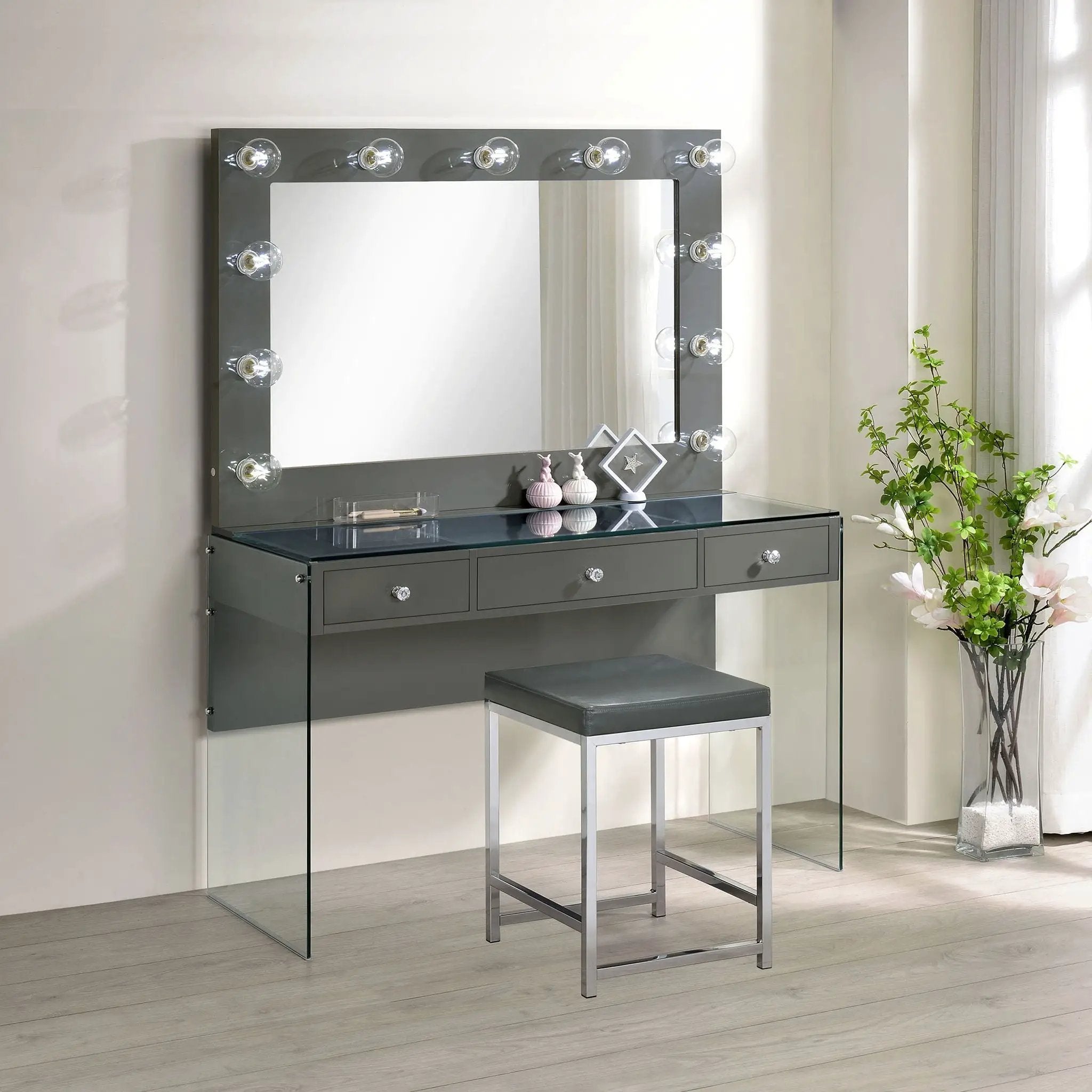 Afshan Upholstered Square Padded Vanity Stool Chrome by Unique Piece Furniture