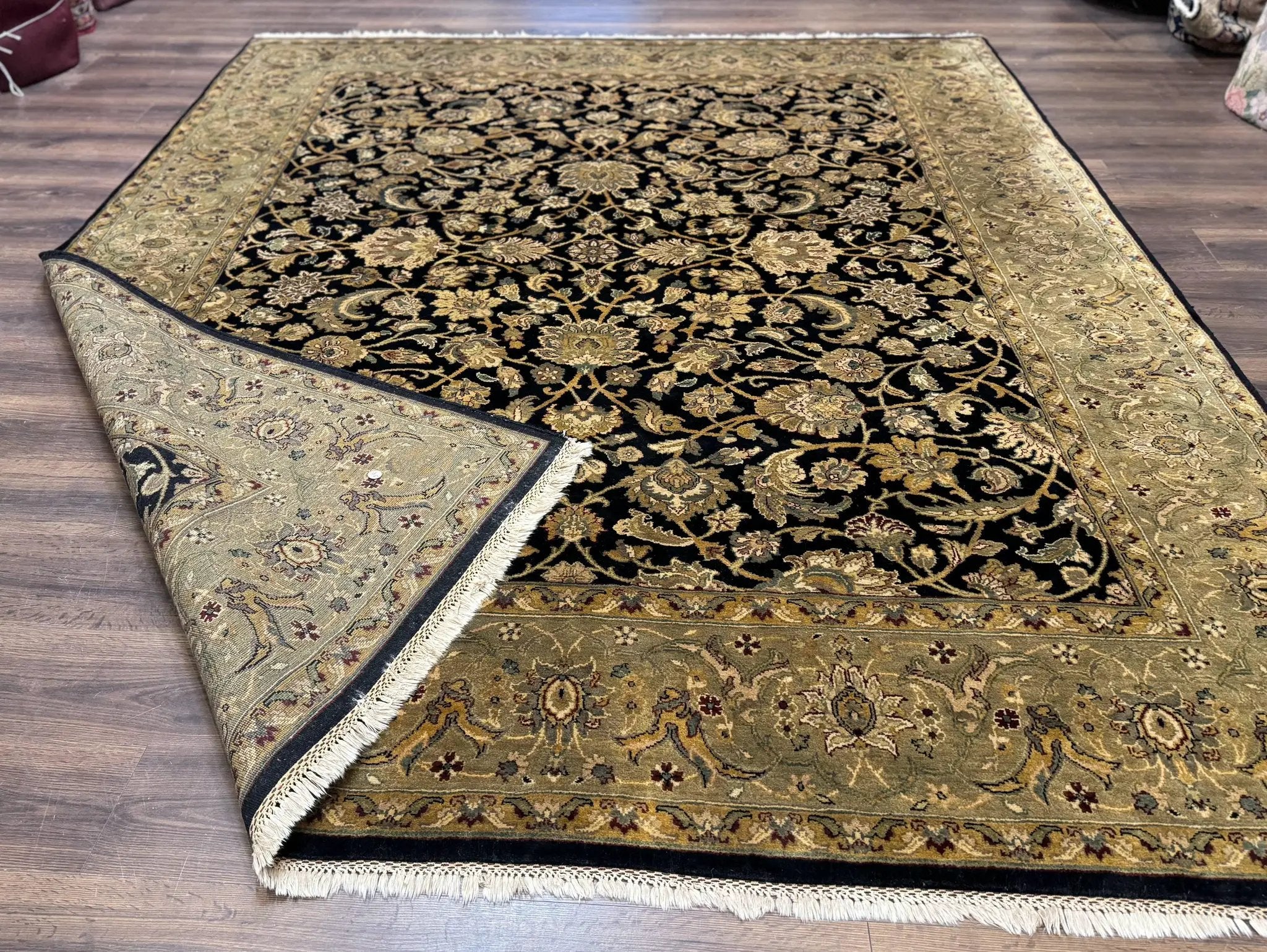 Indo Persian Rug 8x10, Black and Green, Wool, Handmade, Traditional, Floral Allover, Vintage by Jewel Rugs