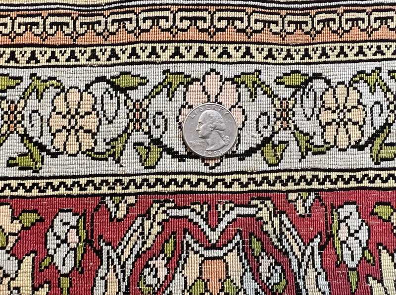 Wonderful Silk Turkish Hereke Prayer Rug 2.8 x 4.5, Tree of Life Design, Signature from Master Weaver, Gold and Burgundy, Handmade, 625 KPSI by Jewel Rugs