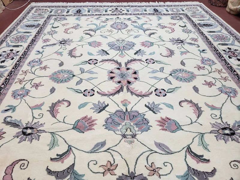 Ivory & Teal Indo Persian Area Rug 9x12, Wool Hand-Knotted Oriental Carpet, 9 x 12 Soft Traditional Living Room Rug, Dining Room Rug by Jewel Rugs