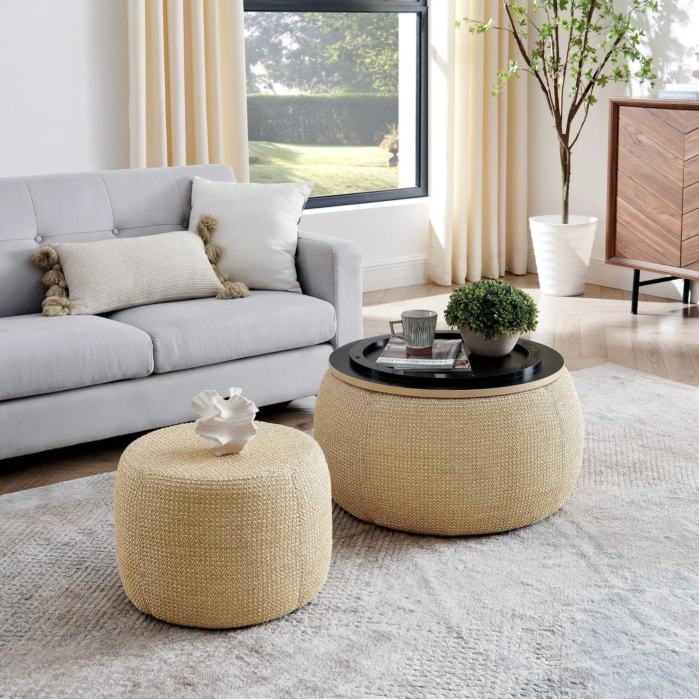 Round Storage Ottoman, 2 In 1 Function, End Table And Ottoman by Unique Piece Furniture