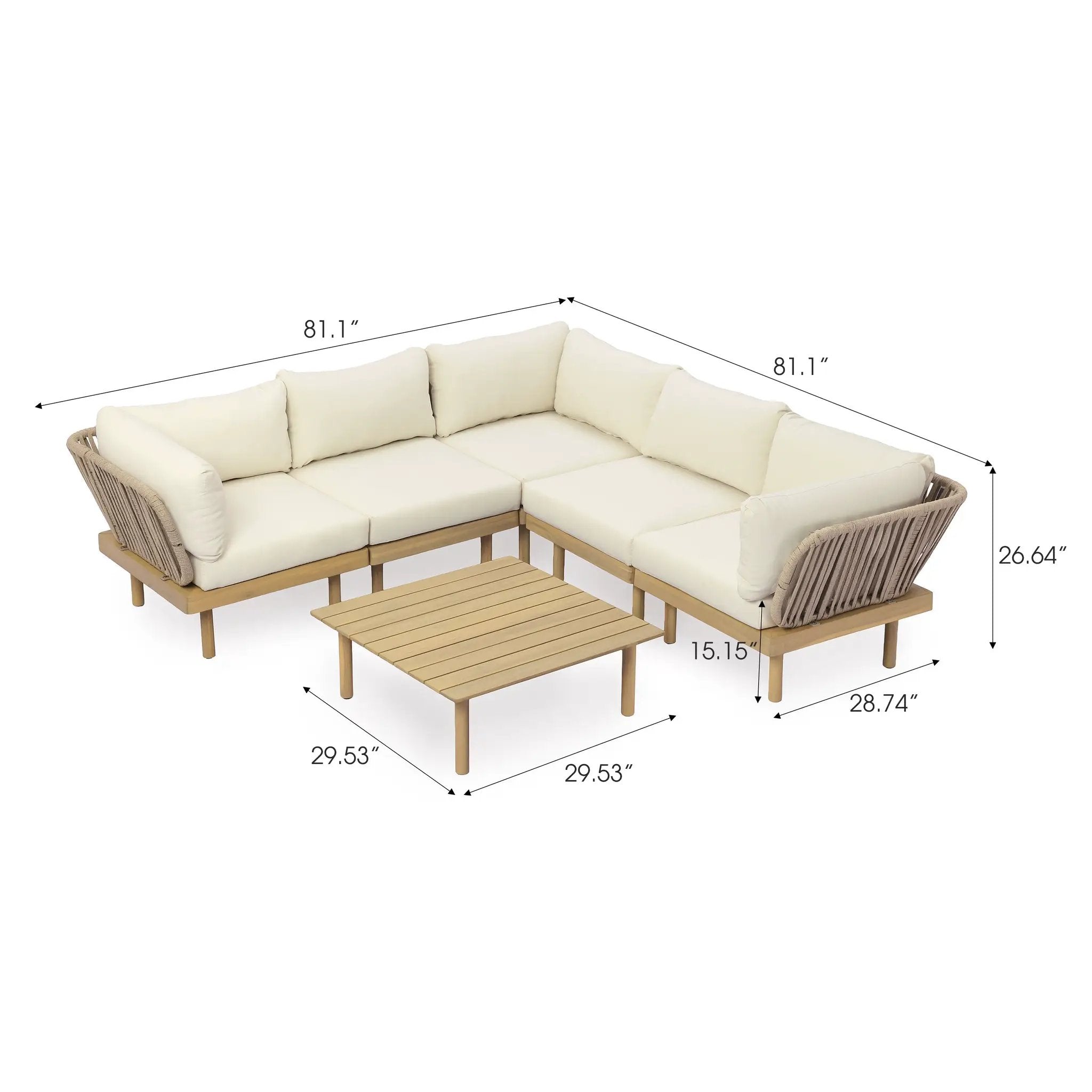 6-Piece Acacia Wood L-Shaped Modular Outdoor Sofa Set with Rope Back & Weather-Resistant Cushions by HouseOfZazla