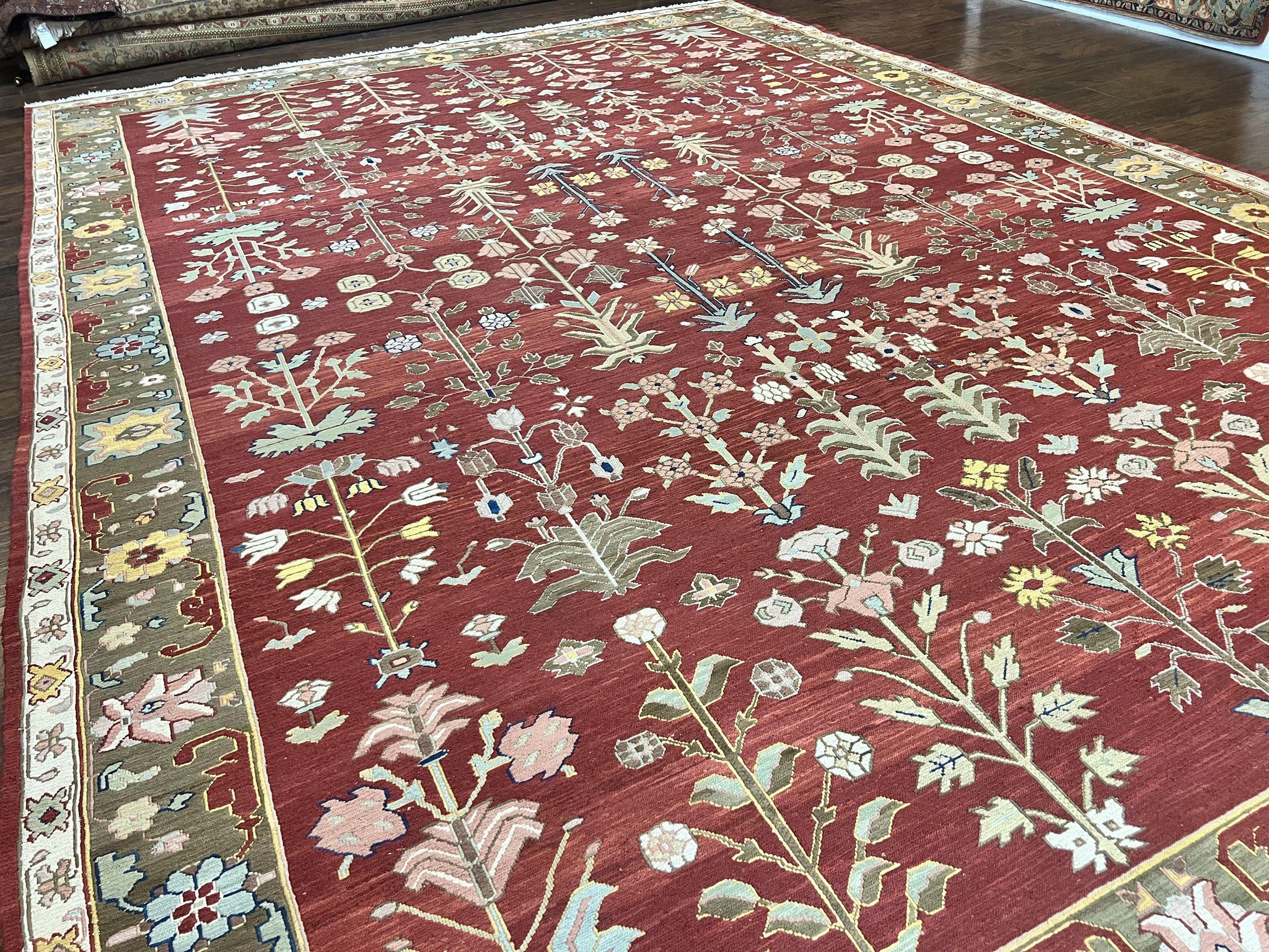 Indian Rug 10x14, Wool Hand Knotted Flatweave Carpet, Tree of Life, Red and Green by Jewel Rugs