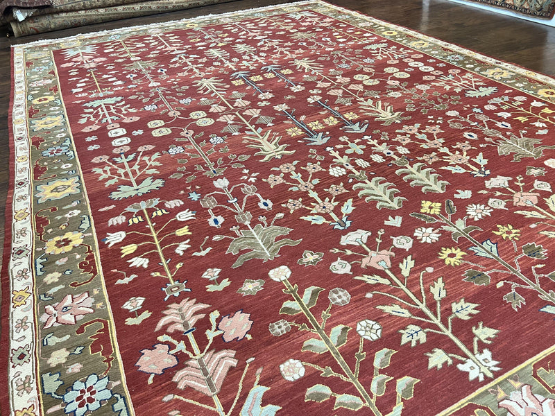 Indian Rug 10x14, Wool Hand Knotted Flatweave Carpet, Tree of Life, Red and Green by Jewel Rugs