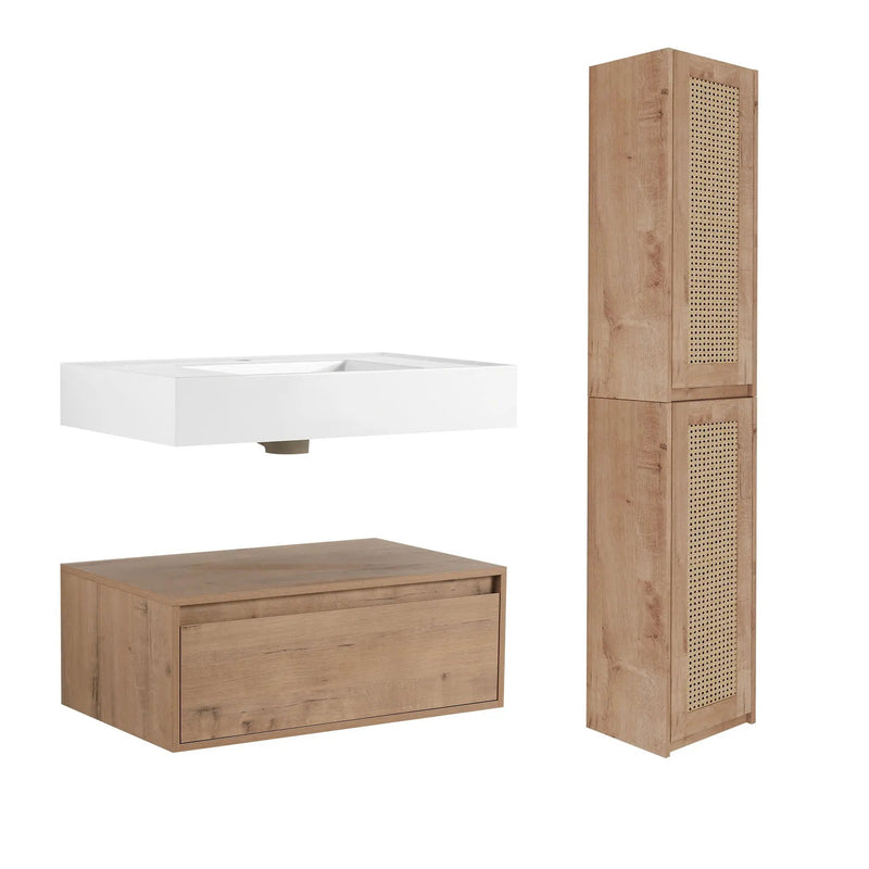 Modern Imitative Wall Mounted Bathroom Vanity With Resin Sink & 2 Side Cabinet, Soft Close Drawer - Imitative Oak by HouseOfZazla