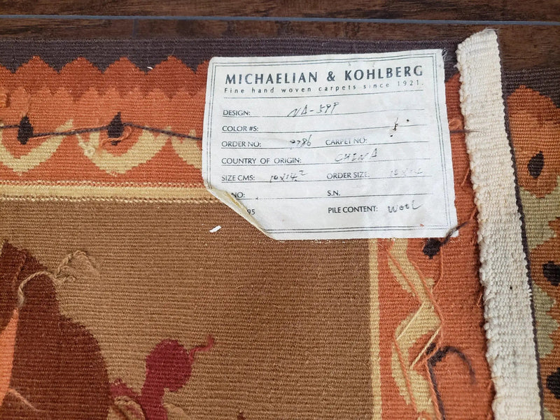 Vintage Chinese Aubusson Savonnerie Flat Pile Rug 9.9 x 14.5 Wool Handwoven Red & Khaki Large Flowers Rug 9x14 - 10x15 Michaelian Kolhberg by Jewel Rugs