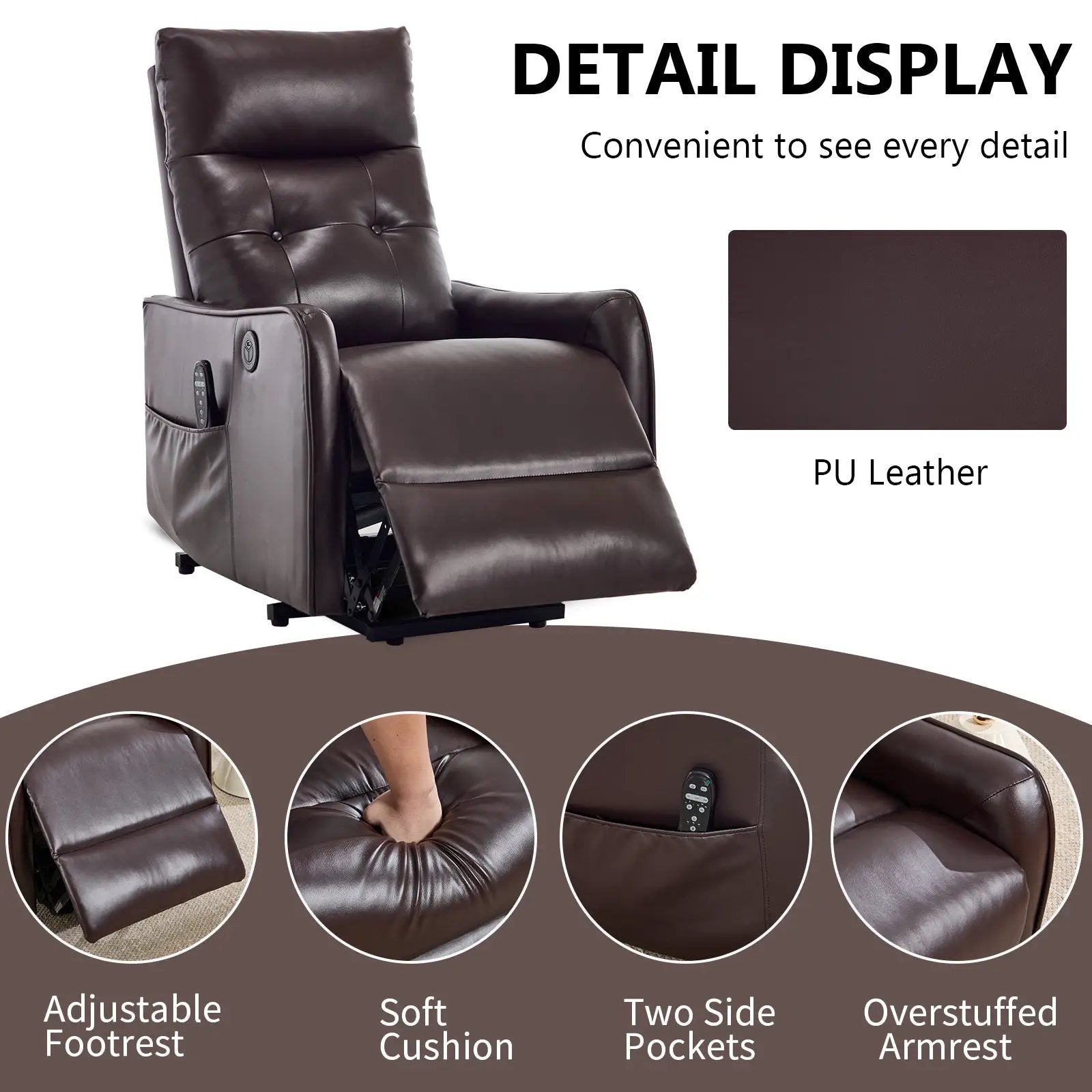 Brown PU Single Motor Power Lift Recliner Chair with Massage & Heat by HouseOfZazla