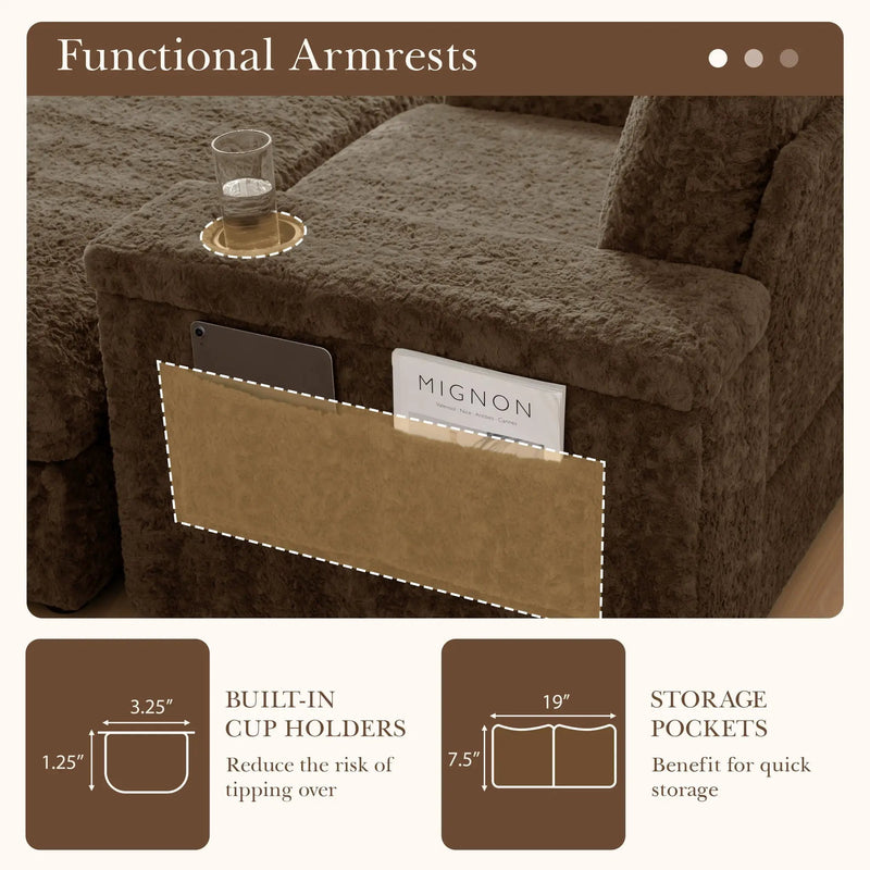 Oversized Chaise Lounge Indoor Rabbit Fur Sofa Bed With Storage Ottoman And Armrests Cup Holders With Deep Seat by Unique Piece Furniture