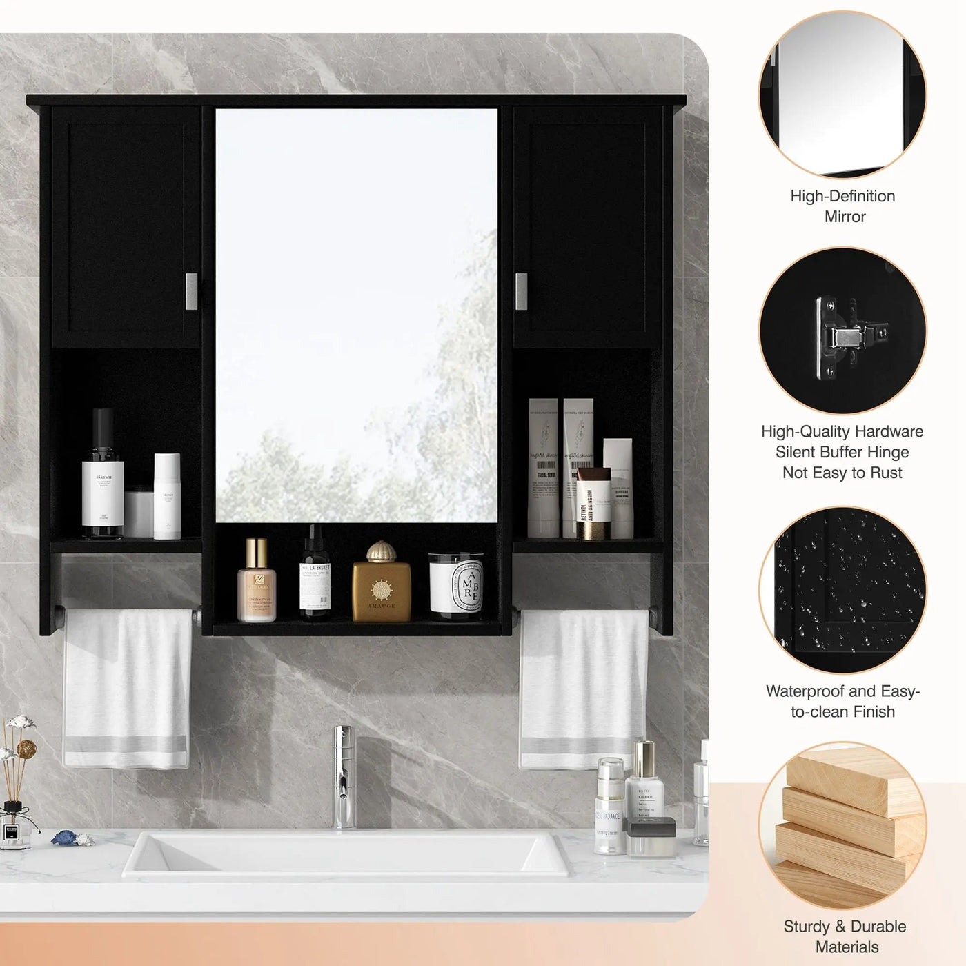 Wall Mounted Bathroom Storage Cabinet With Mirror, Medicine Cabinet With Towel Bar by Unique Piece Furniture