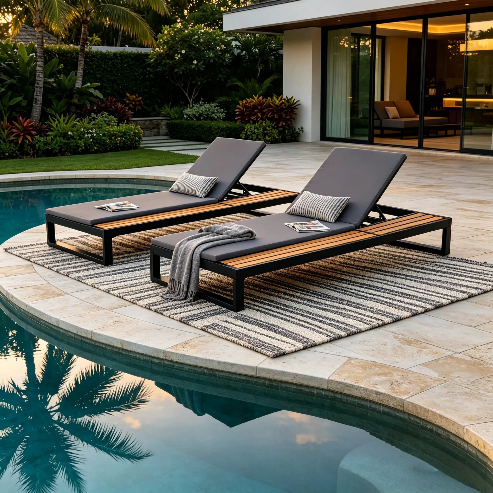 Black Iron & Teak Finish Chaise Lounge Set by HouseOfZazla