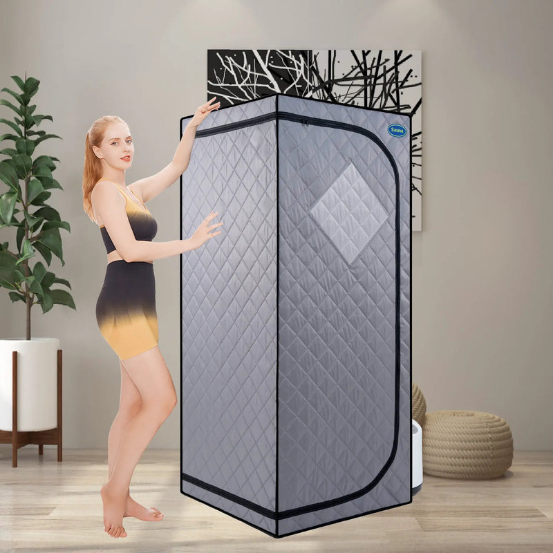 Full Size Portable Grey Steam Sauna tent–Personal Home Spa, with Steam Generator, Remote Control, Foldable Chair, Timer and PVC Pipe Connector Easy to Install.Fast heating, with FCC Certification by HouseOfZazla