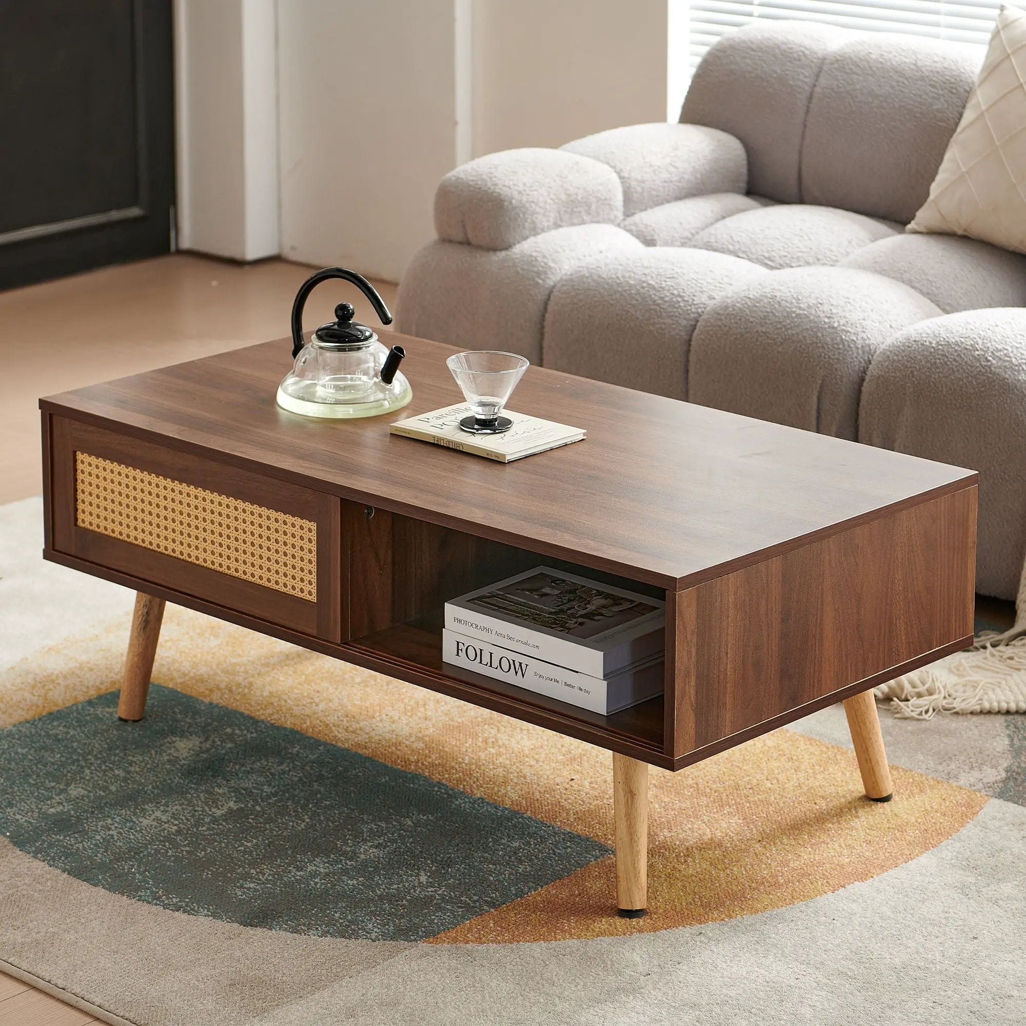 41.34" Rattan Coffee Table, Sliding Door For Storage, Solid Wood Legs, Modern Table For Living Room by Unique Piece Furniture