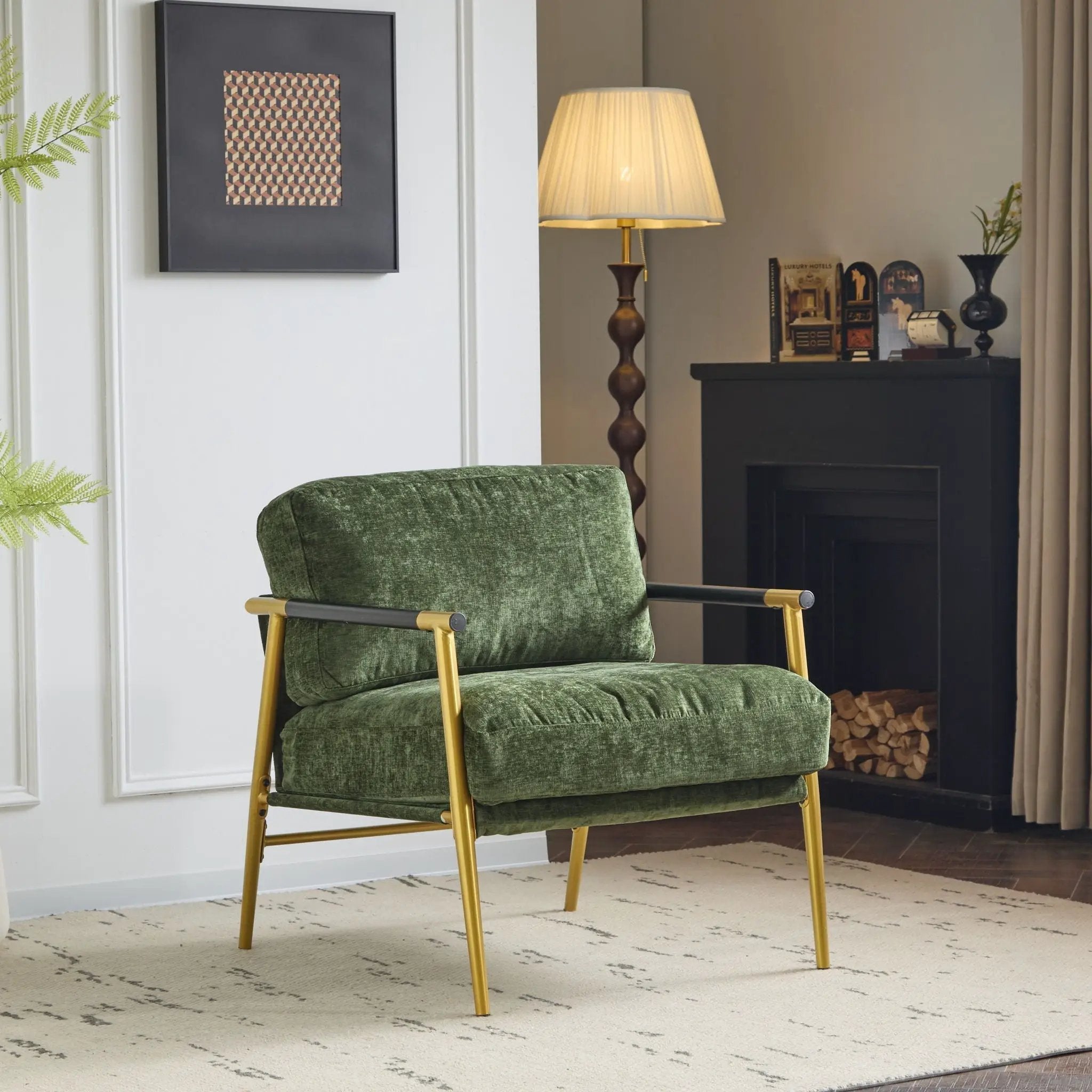 Modern Accent Chair With Plush Cushions and Wooden Armrests by HouseOfZazla