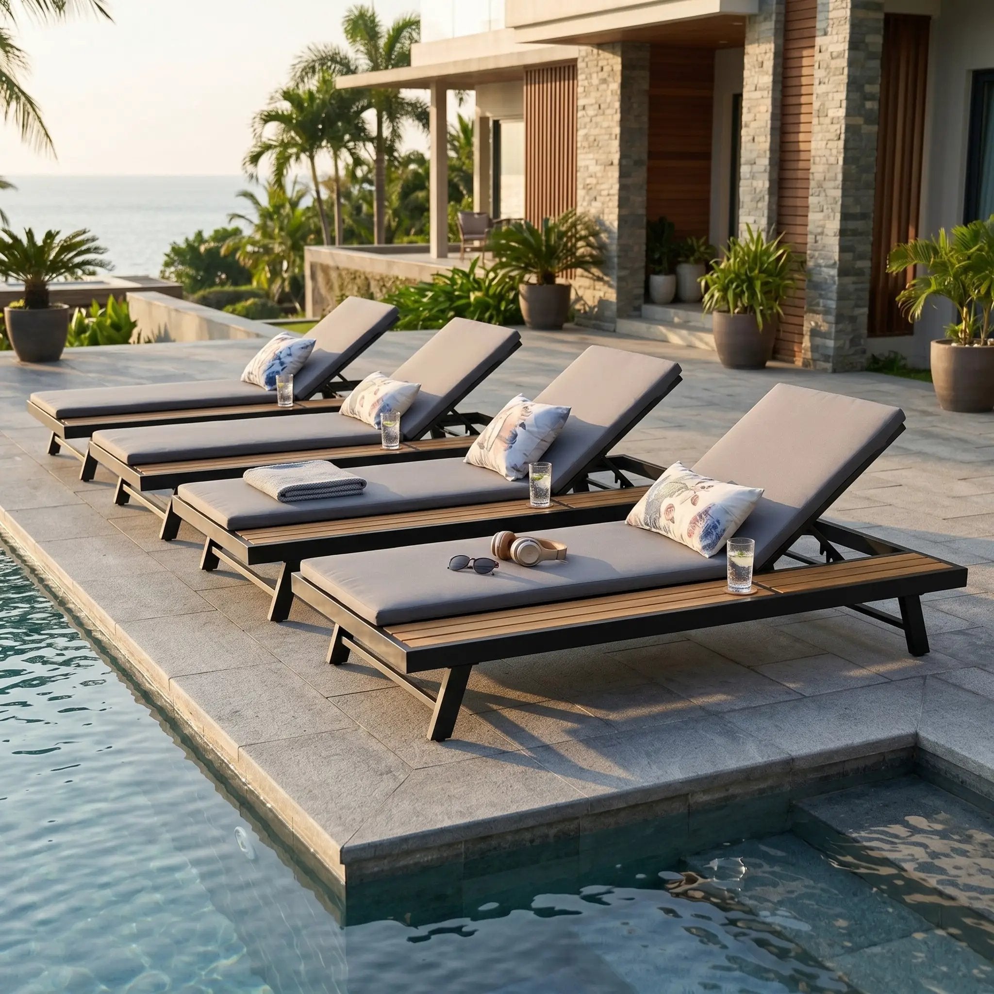Black Iron + Teak Finish Outdoor Chaise Lounge Set by HouseOfZazla