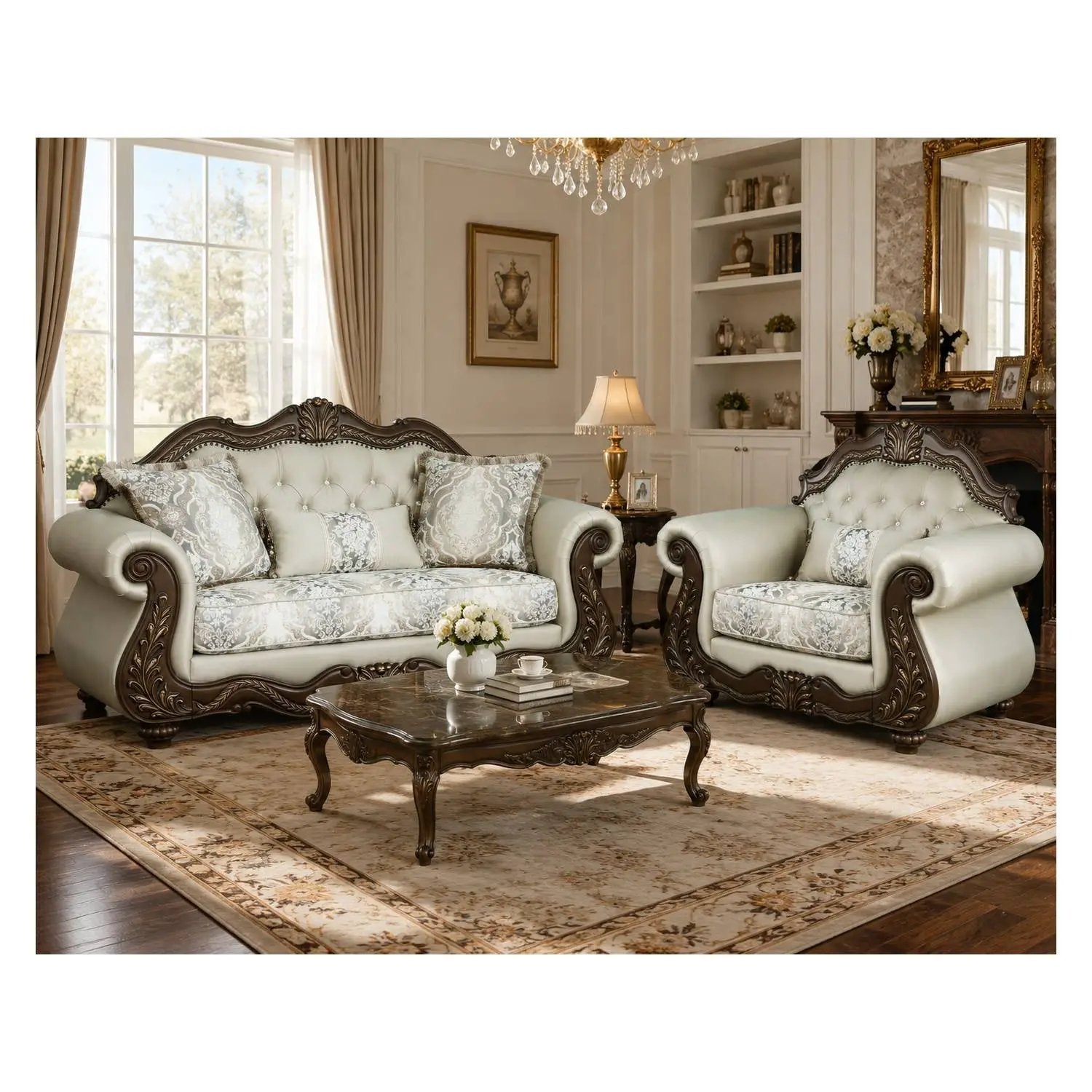 Pierce 2-Piece Traditional Living Room Set, Upholstered Loveseat and Accent Chair with Carved Wood Frame by HouseOfZazla