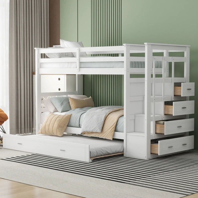 Twin Over Twin Bunk Bed With Trundle And Staircase - White by Unique Piece Furniture