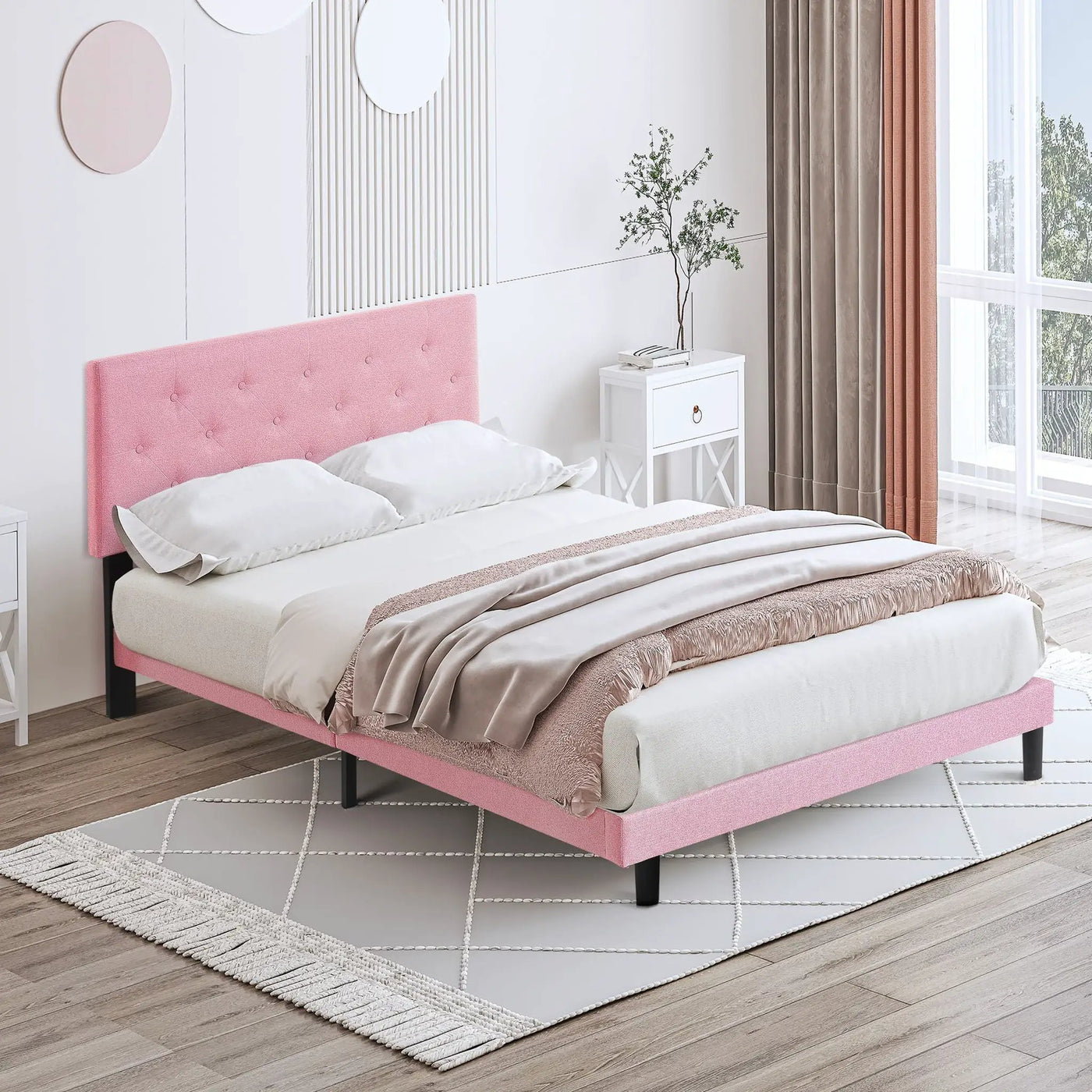 Modern Upholstered Platform Bed Frame With Button Tufted Fabric Headboard by HouseOfZazla