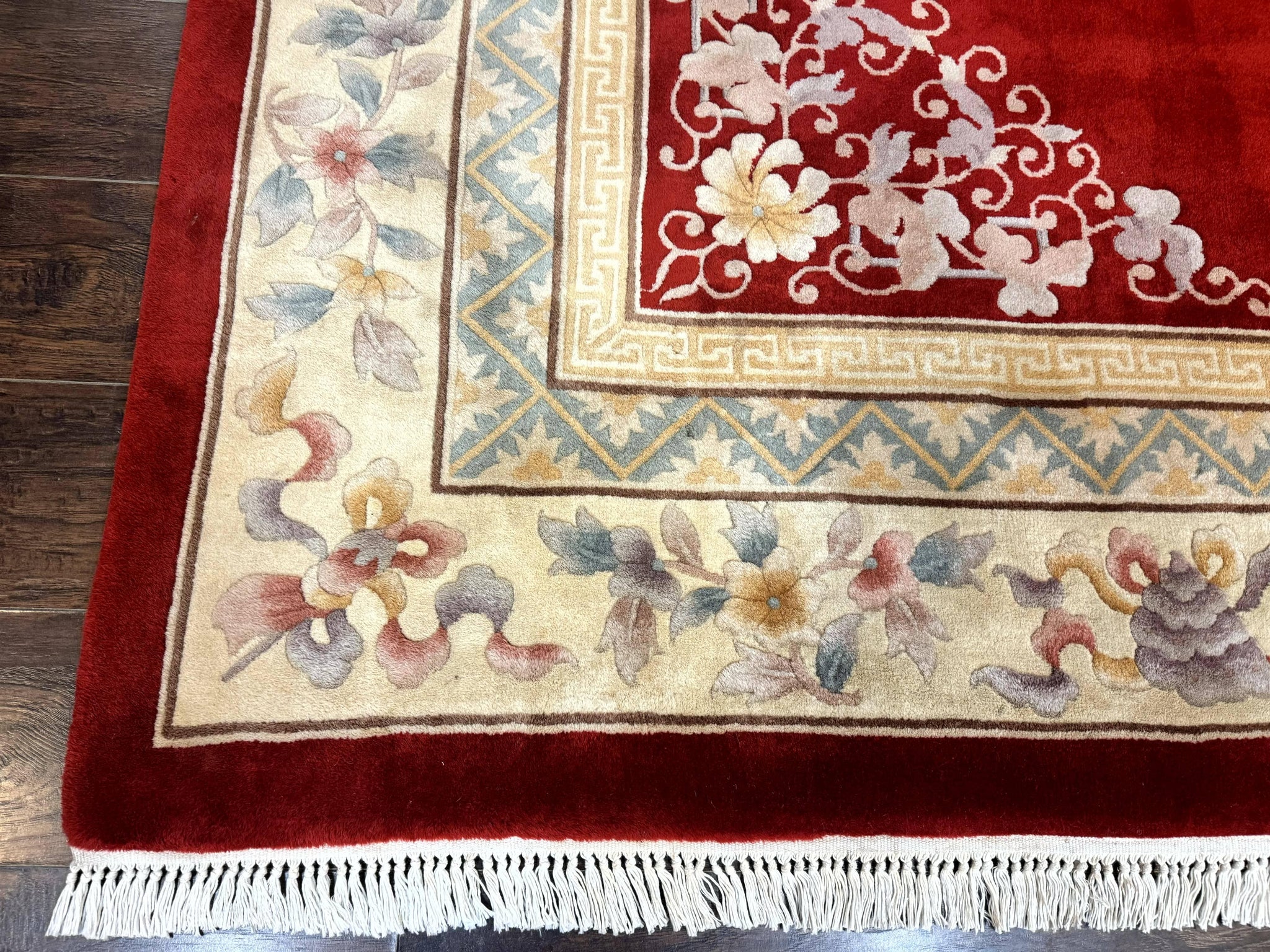 Chinese Wool Rug 8.6 x 11, Red and Beige Asian Oriental Carpet, Plush Pile, Vintage Handmade Chinese Carving Sculpted Rug, Semi Open Field by Jewel Rugs