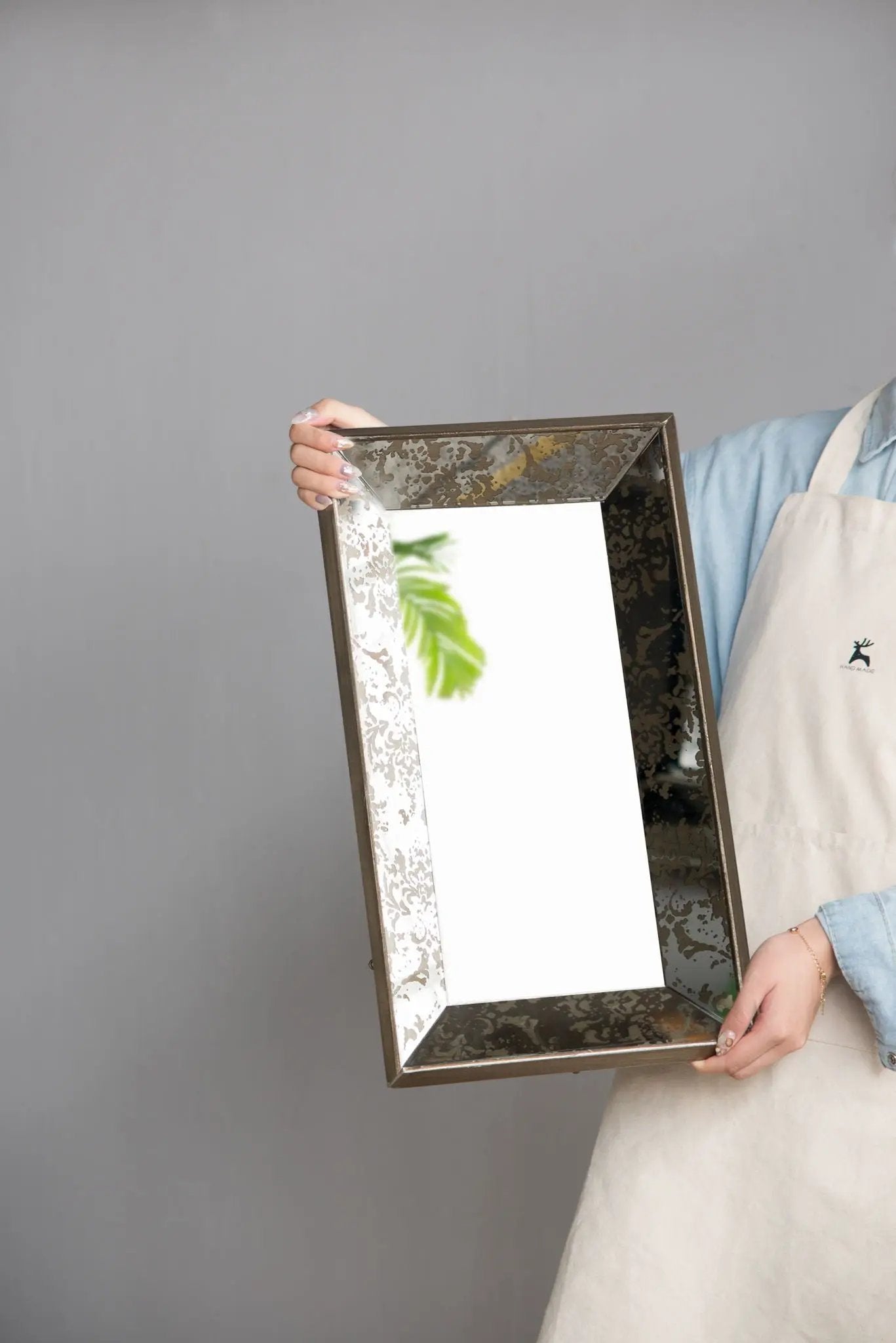 Antique Rectangle Mirror With Floral Accents, Mirrored Display Tray, Hanging Wall Mirror by Unique Piece Furniture