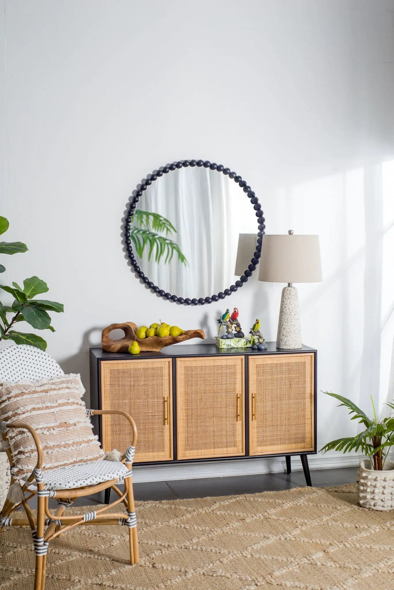 Circle Mirror With Metal Beaded Frame, Wall Mirror For Living Room Bedroom Entryway - Black by Unique Piece Furniture