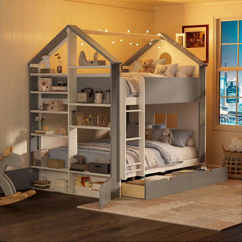 Full Size Bunk Bed with Storage Drawers & Shelves by HouseOfZazla