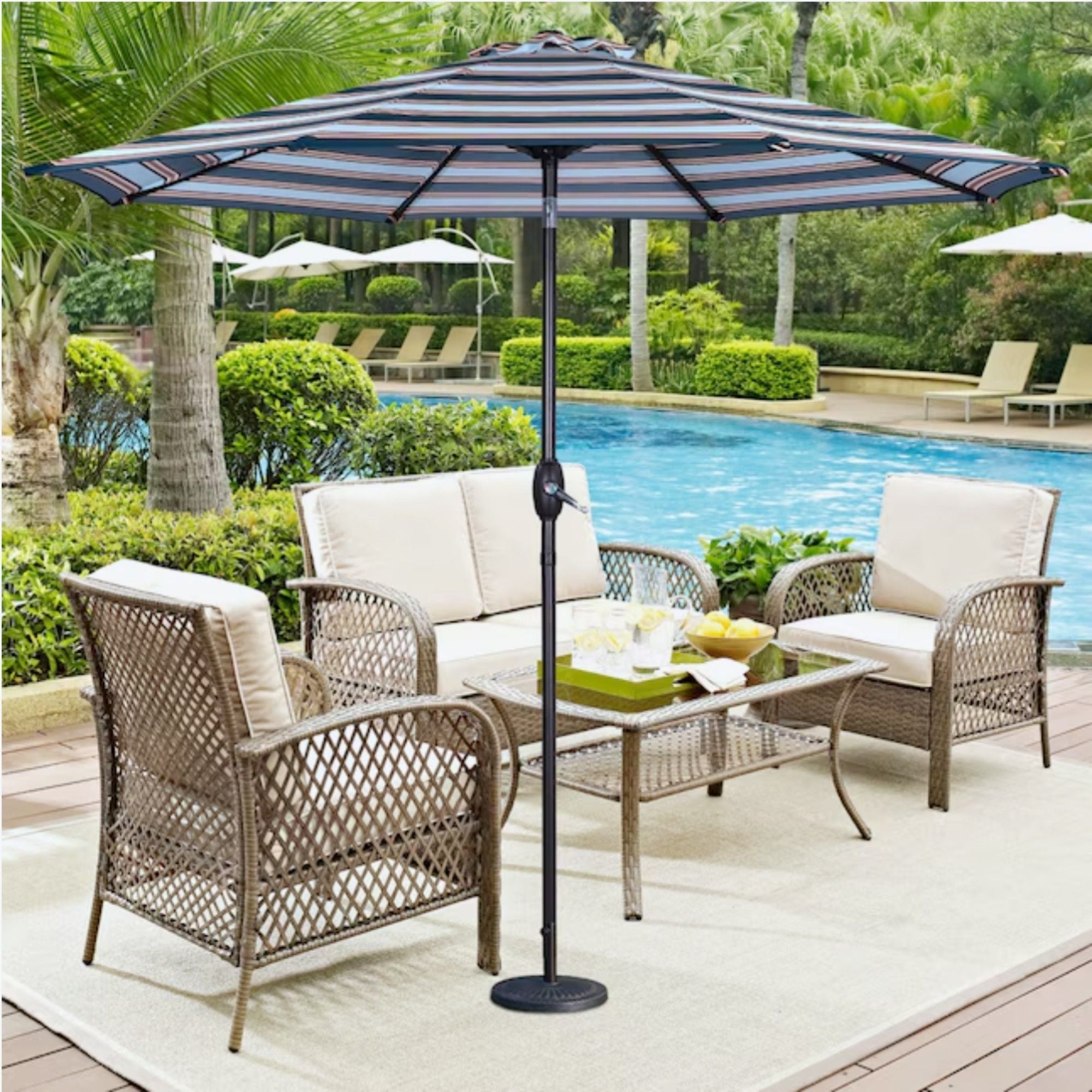 Patio Umbrella With Crank Lift & Push Button Tilt Frame, 200G / Sqm Solution Dyed Canopy - Blue Multi / Brown by HouseOfZazla