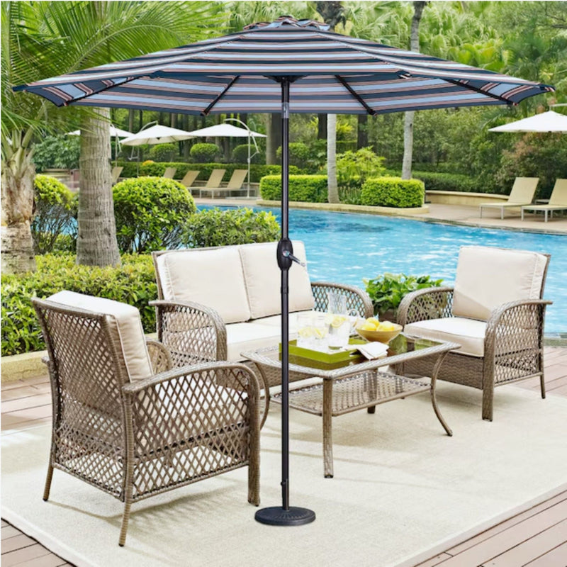 Patio Umbrella With Crank Lift & Push Button Tilt Frame, 200G / Sqm Solution Dyed Canopy - Blue Multi / Brown by HouseOfZazla