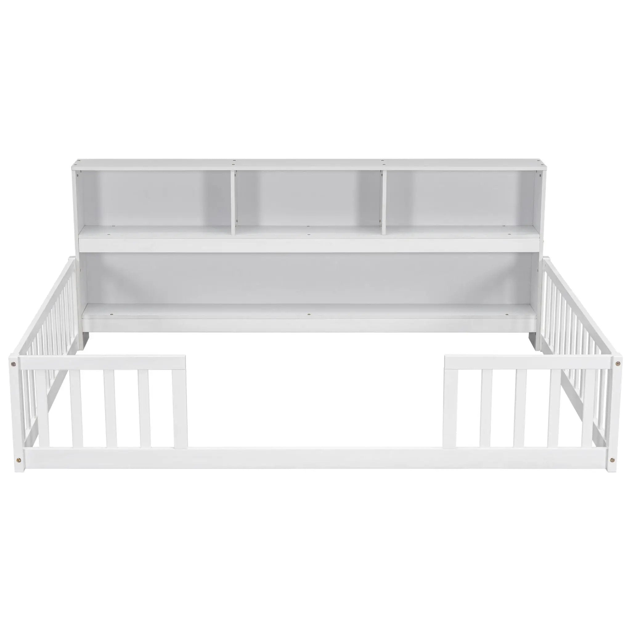 Floor Bed With Side Bookcase, Shelves, Guardrails by HouseOfZazla