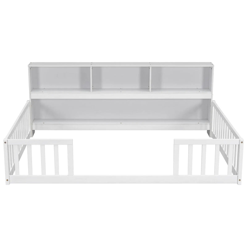 Floor Bed With Side Bookcase, Shelves, Guardrails by HouseOfZazla