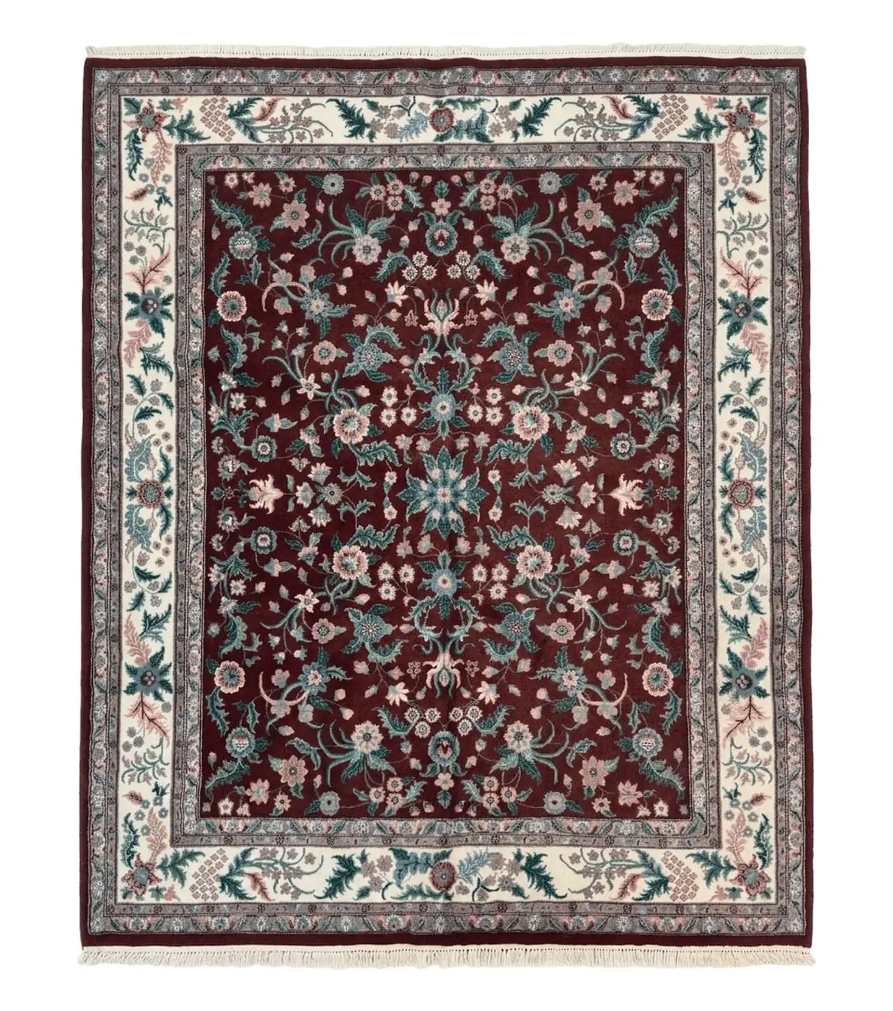Indo Persian Rug 8x10, Red and Ivory, Floral Allover, Handmade Wool Area Rug by Jewel Rugs