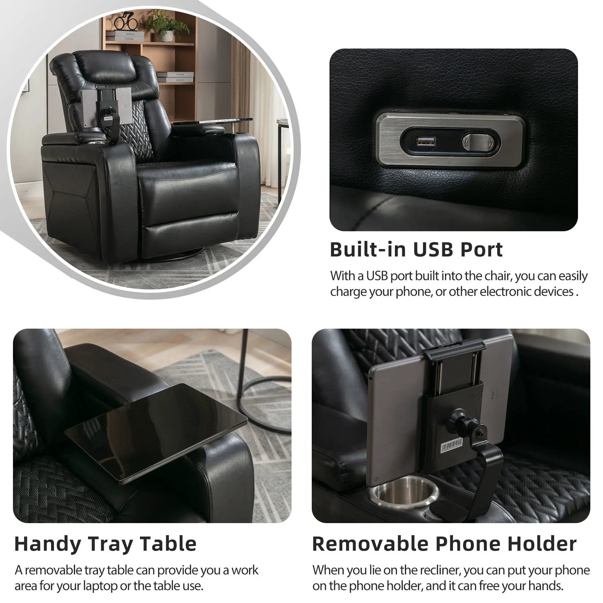 270 Degree Swivel Power Recliner With Tray Table, Phone Holder, Cup Holder, USB Port by HouseOfZazla